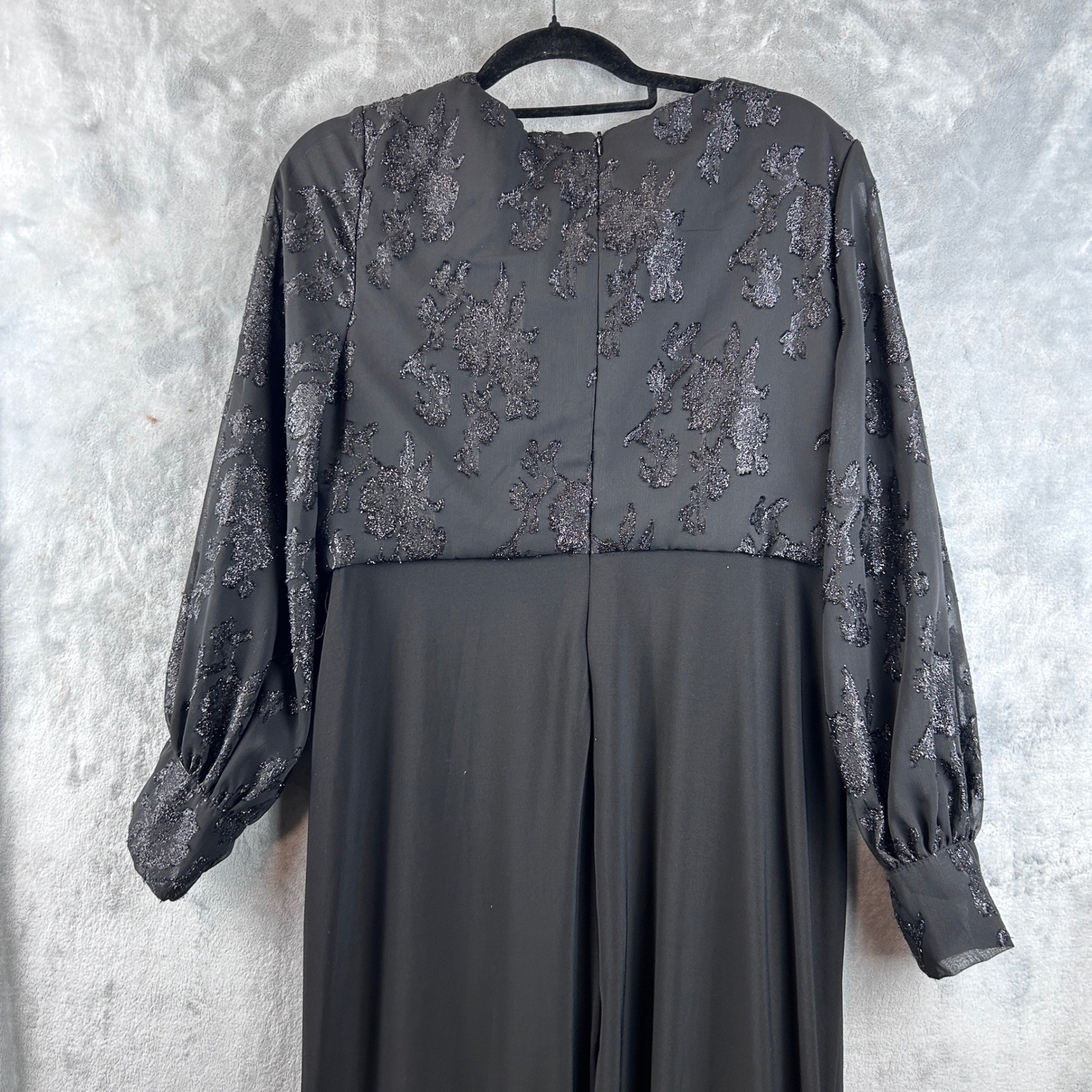 Nightway Dress Black Metallic Floral Bishop Sleeve Gown Rhinestone Buckle 14P
