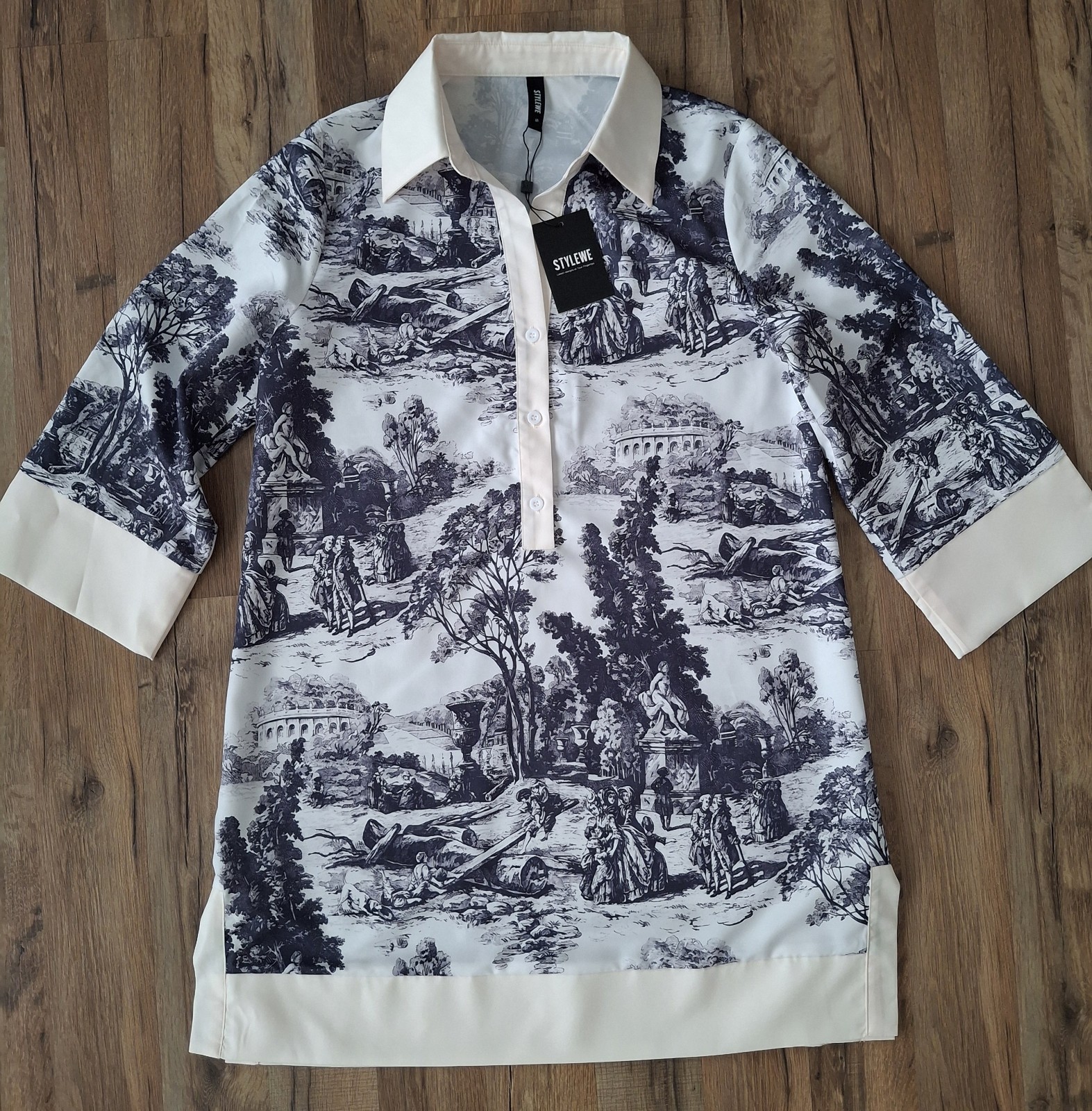 Sz Small Stylewe A-Line Loose Button Graphic Print Collar Mini Shirt Dress Cuffs