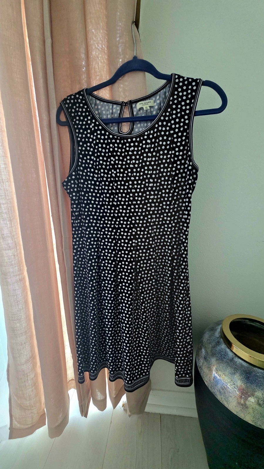 Max Studio Petite sleeveless stretch polka dot A-line dress MP with stripe trim