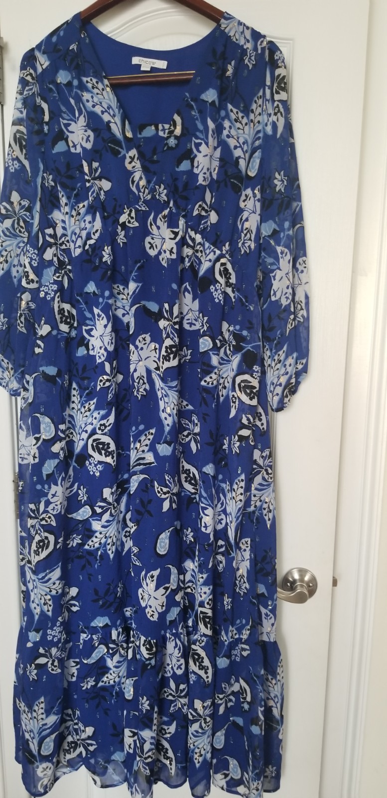 Chico’s Abstract Chiffon Maxi Dress – Blue Tiered Empiree Waist Size 12 Boho