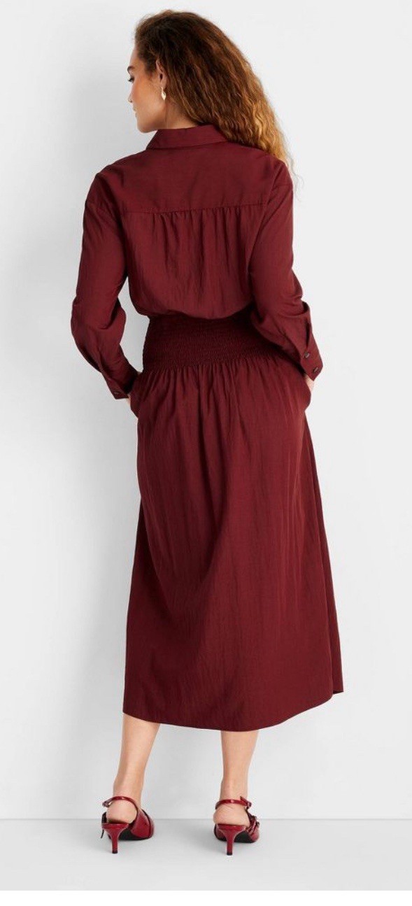 Women’s Collared Long Sleeve Smocked Midi Shirtdress – Future Collective Sz S