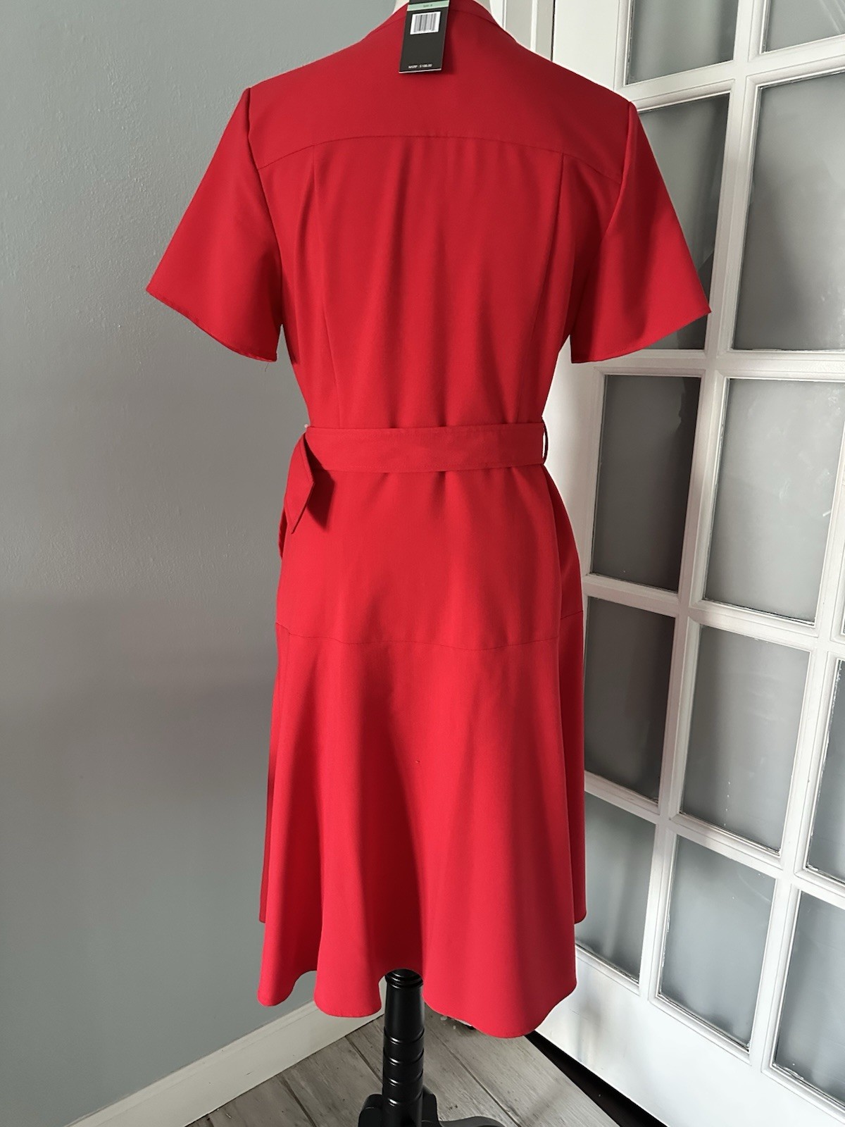 Sharagano Red Solid Shirt Dress Button Front Belted Pockets Short Sleeve 8