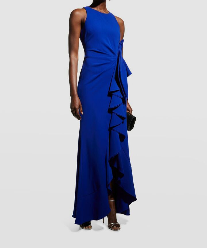 $795 Badgley Mischka Women’s Blue Ruffled Bow Jewel Neck A Line Dress Size 10