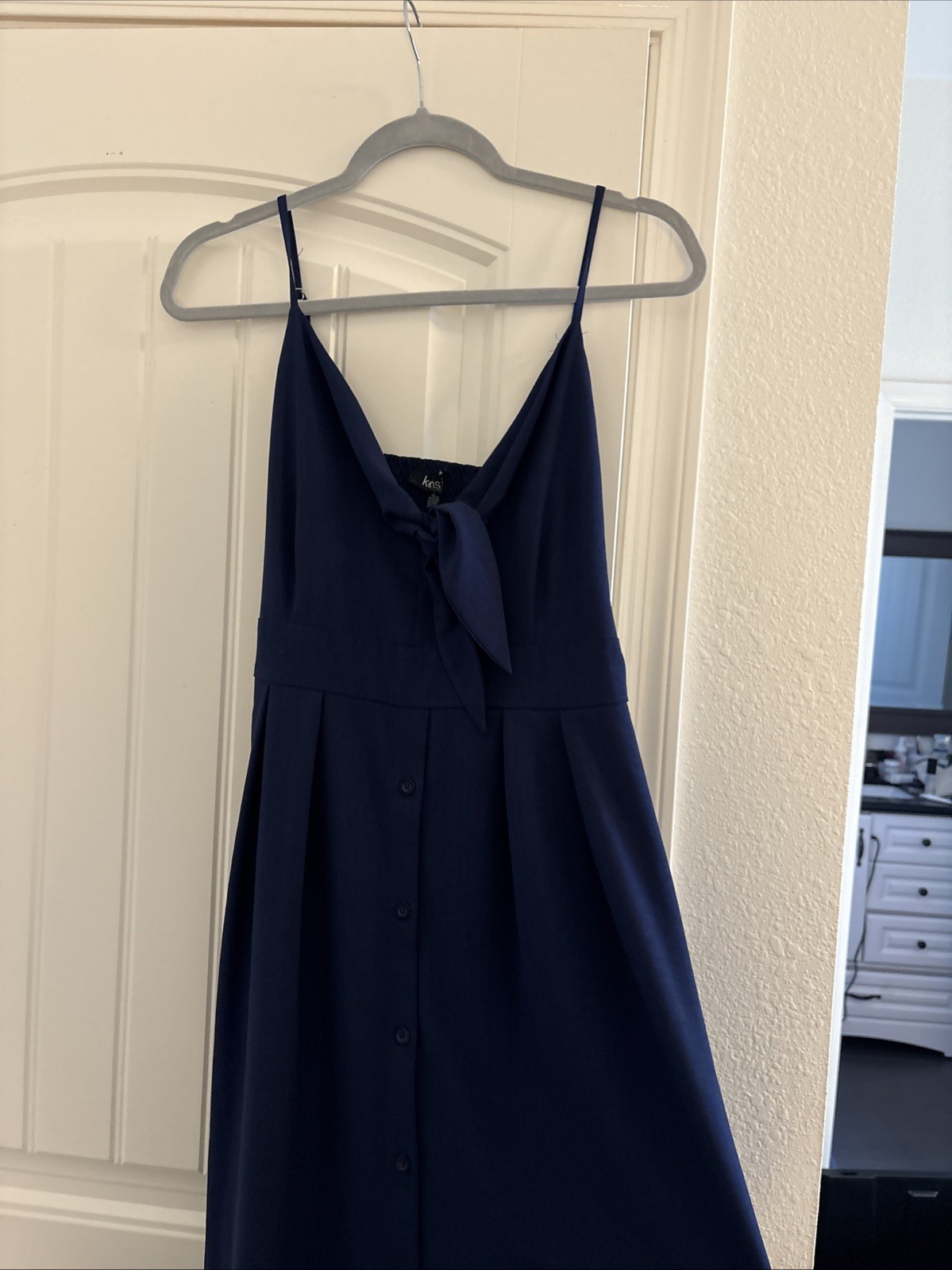 Navy Blue Bow Front Button Down Midi Dress – Sleeveless Spaghetti Strap –Size 12