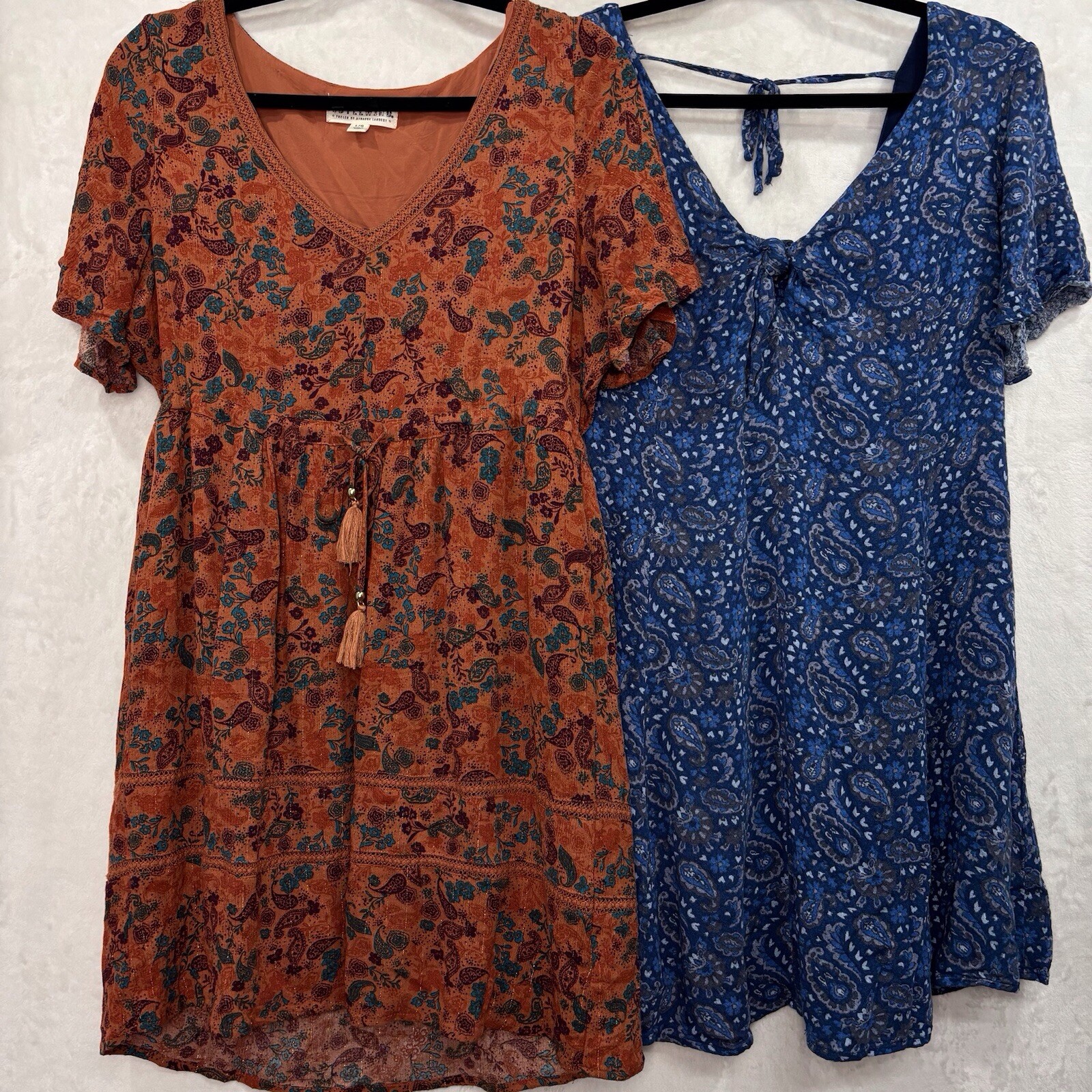 Idyllwind Floral Paisley Dress L Boho Cowgirl Lot Of 2 Blue Brown Smocked Tassel