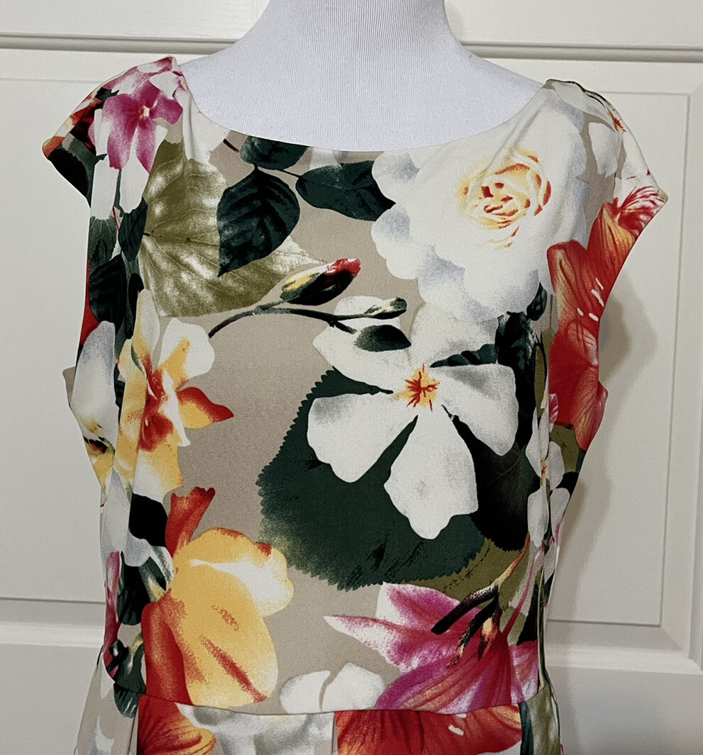 Tiana B size 12 beige red green white floral sleeveless A-line dress women’s