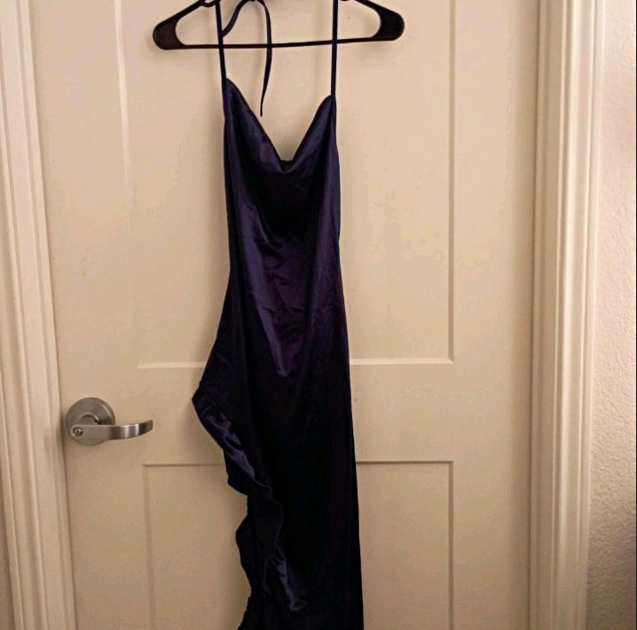 SheIn Navy Satin Silk Cowl Neck Strappy Ruched Ruffle Side Slit Midi XL