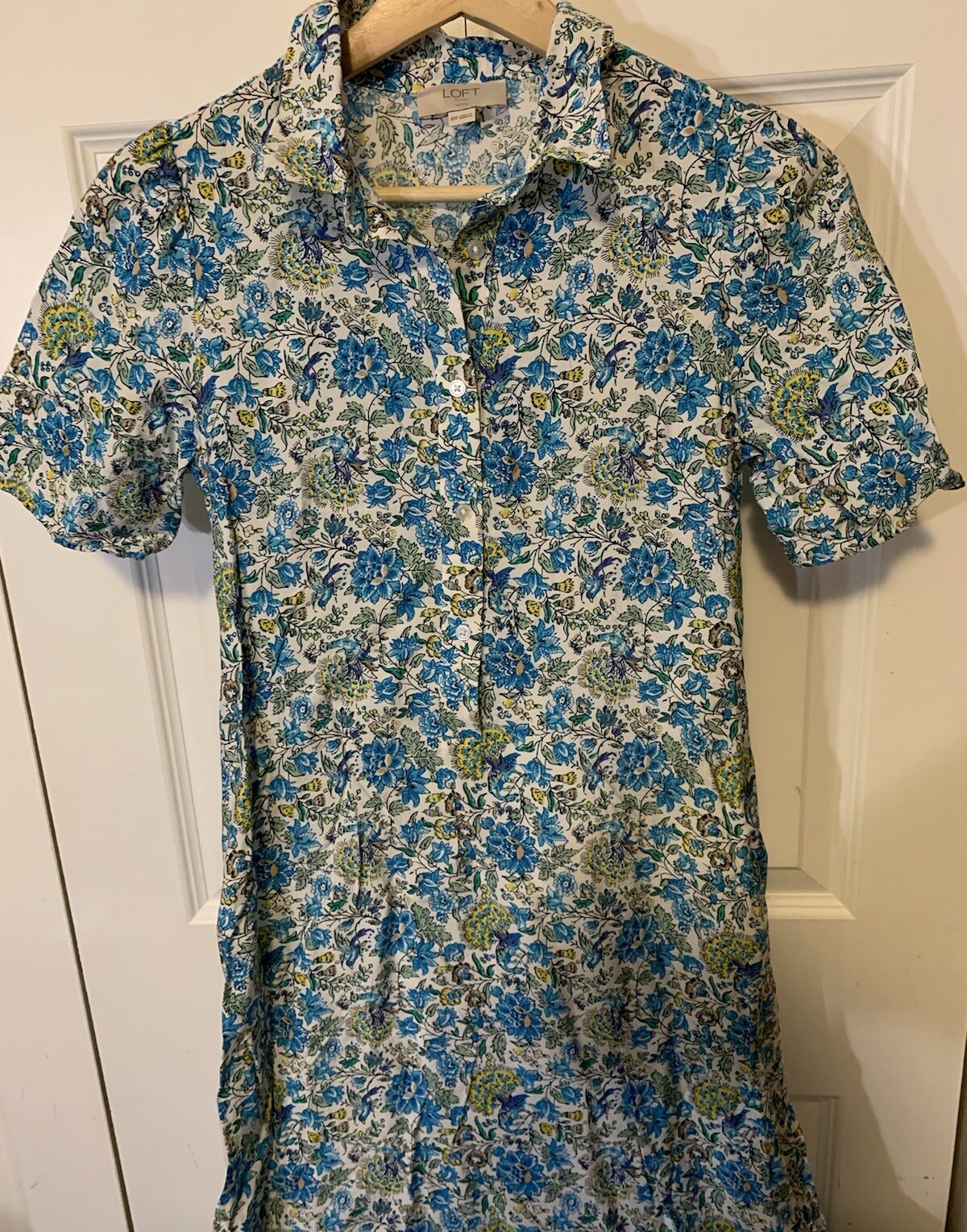 Loft Blue Green Yellow Floral Button Front Dress Sz XSP Petite Belt Dress