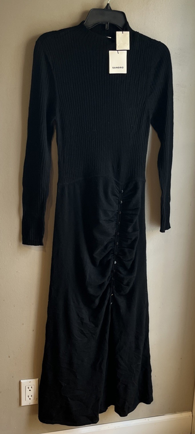 Sandro Wool/ Cashmere Blend Black Sweater Dress – size 8 / 40 FR – retail $445