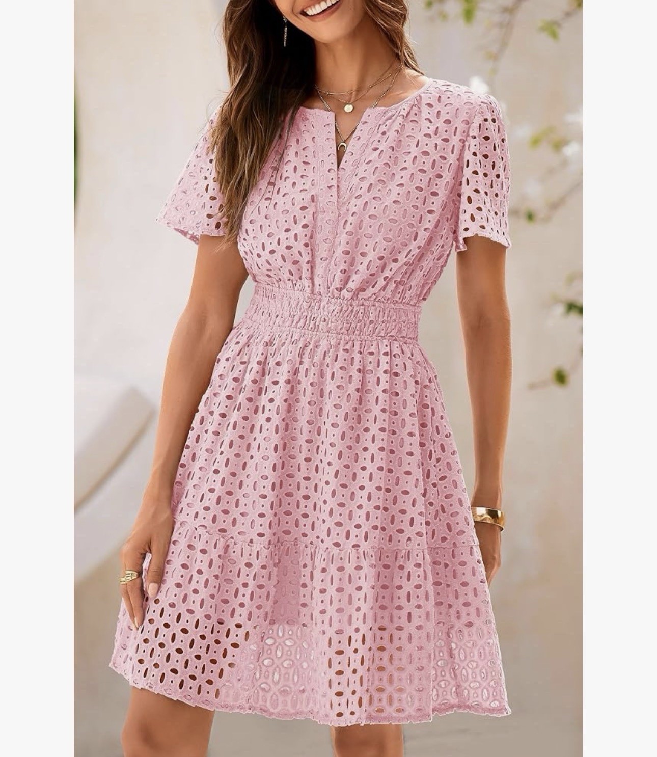 PrettyGarden Pink Eyelet Embroidered V-Neck Fit & Flare Lined Dress M
