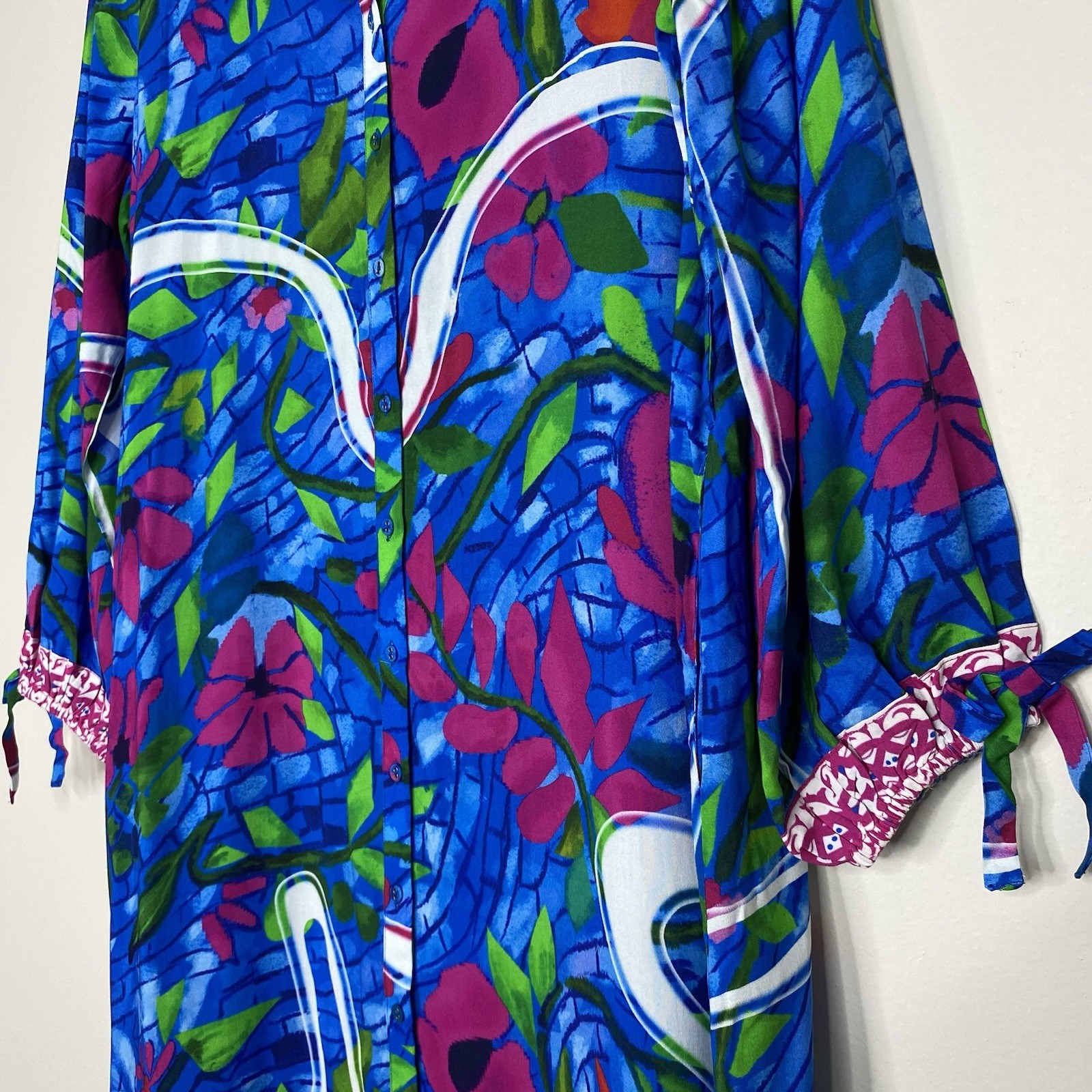 Celina Moon Blue Floral Button Front Midi Dress Pocket Long Sleeve Sz Large