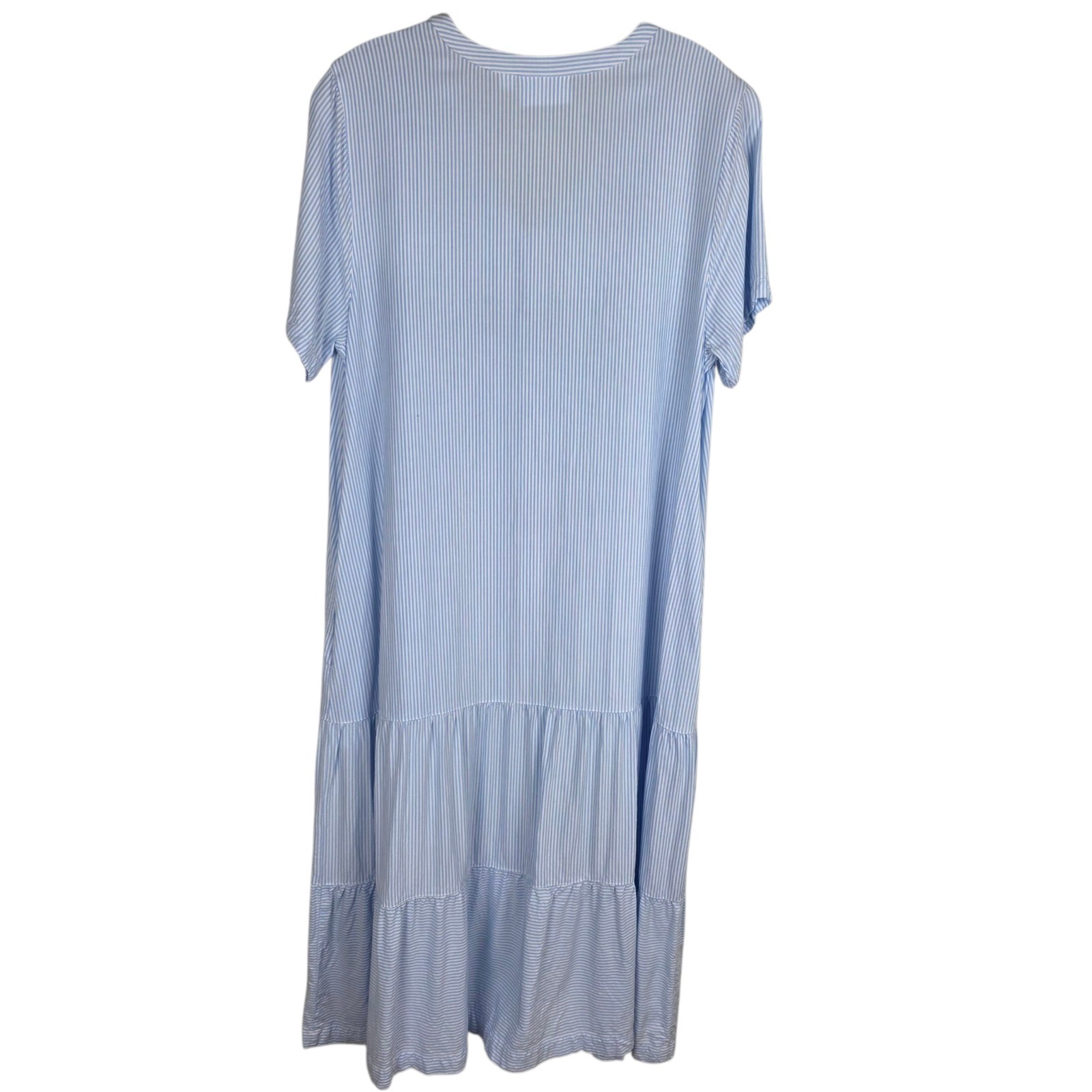 National Blue White Stripe Tiered Midi Dress L Rayon Casual Cottagecore Coastal