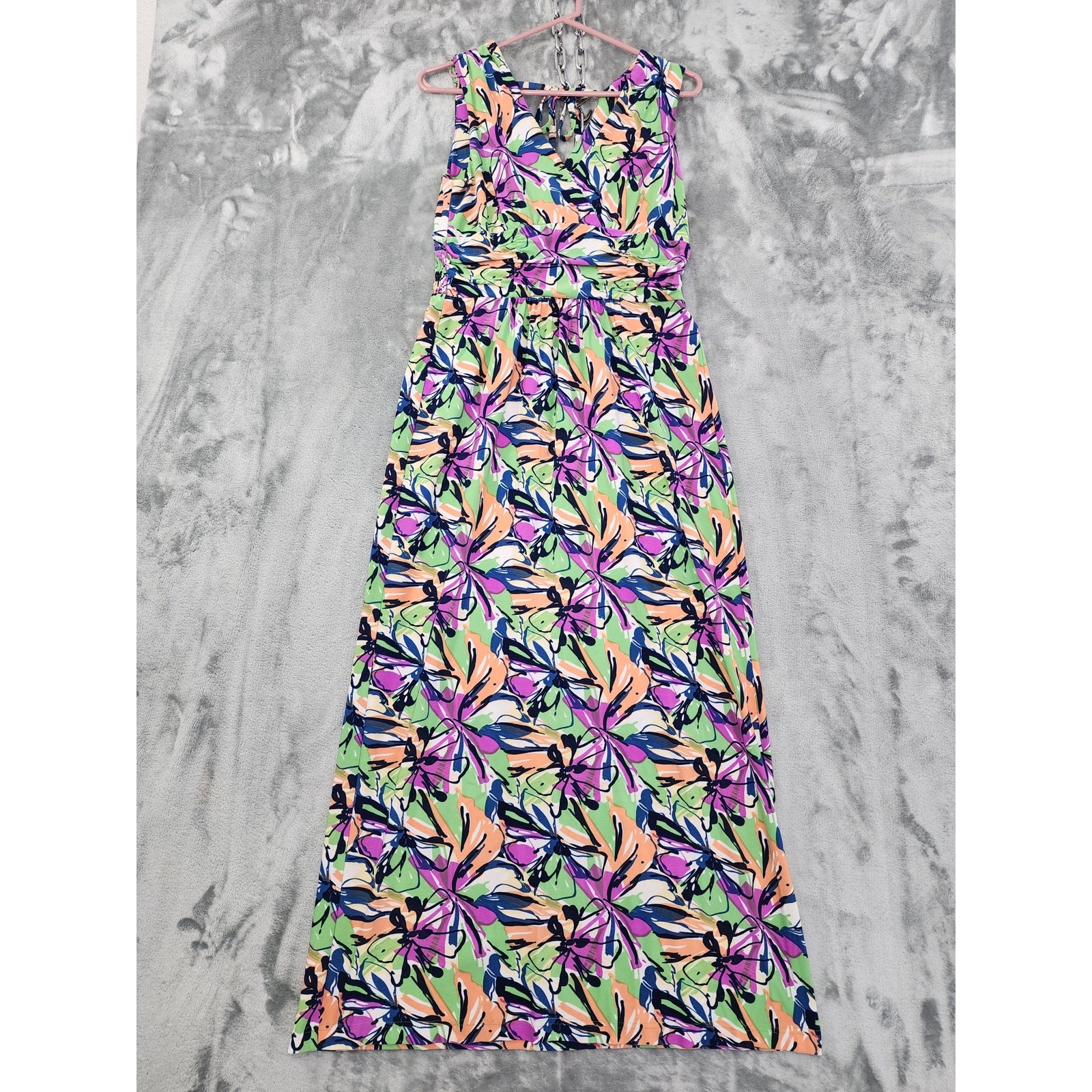 Vintage 90s Karin Stevens Floral V-Neck Smocked Waist Maxi Dress Size 6 Tie Back