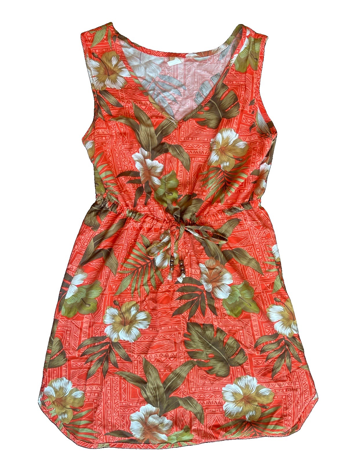 Palmwave Hawaii S Orange Tropical Floral Shift V-Neck Sleeveless Rayon Dress