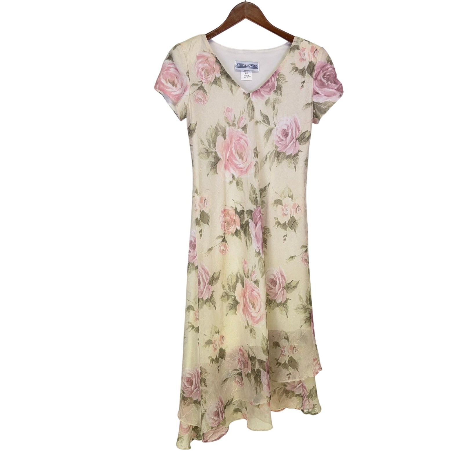 Jessica Howard Vintage 90’s Floral Dress Size 6/S Cream Chiffon Asymmetric Hem