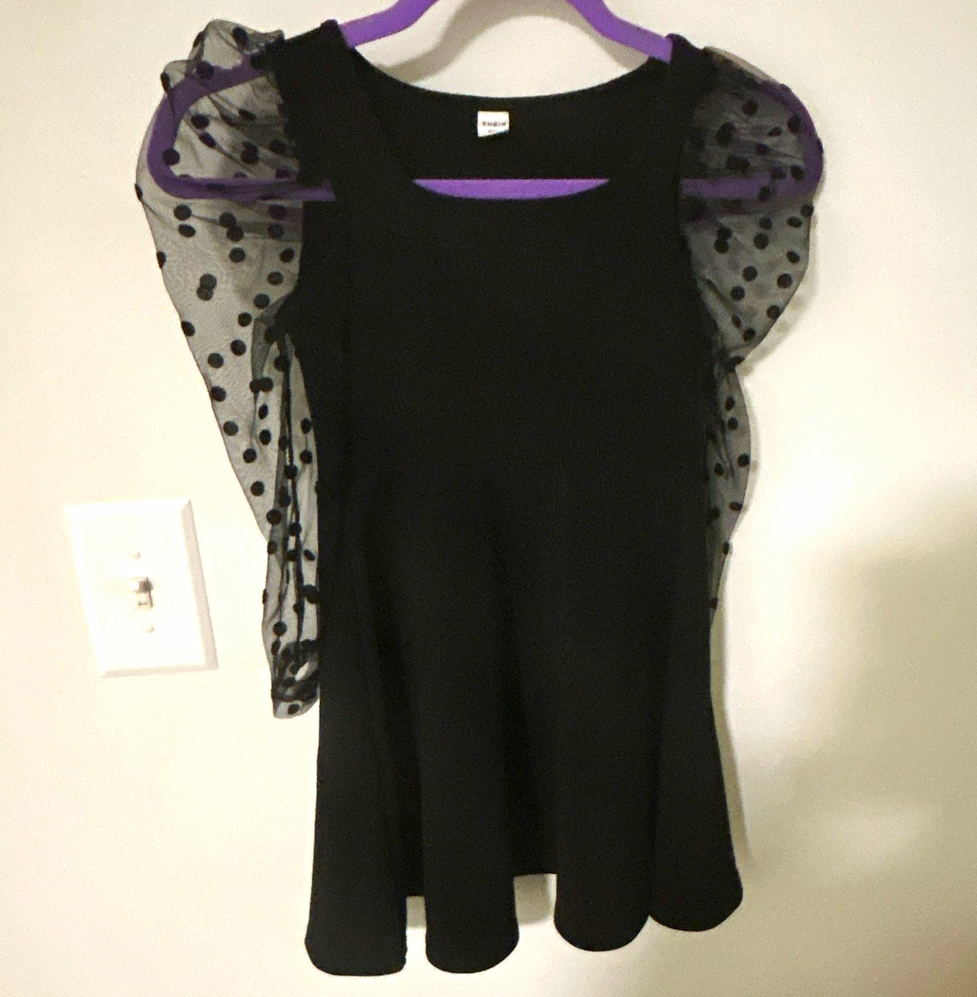 Black Sheer Mesh Polka Dot Mini Dress Long Puff Sleeves Round Neck S