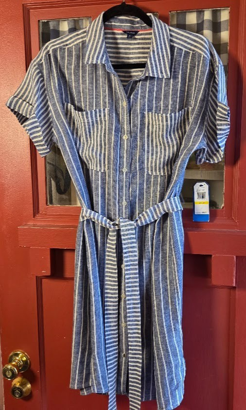 Nautica Women’s Blue White Striped Short Sleeve Belted Dress Size M NWT