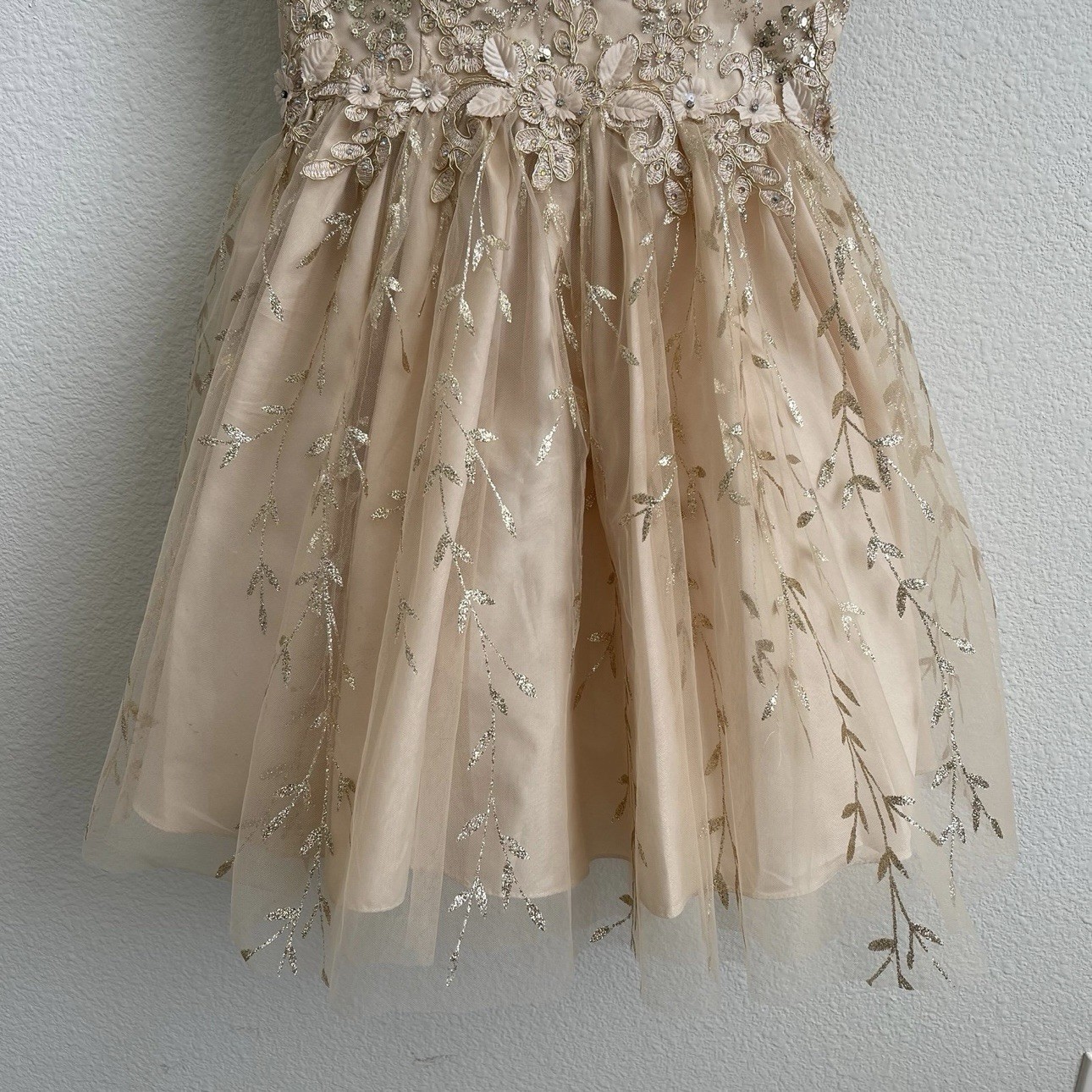 DANCING QUEEN Gold Beige Floral Glitter Tinker Bell Fairy Princess Tulle Dress