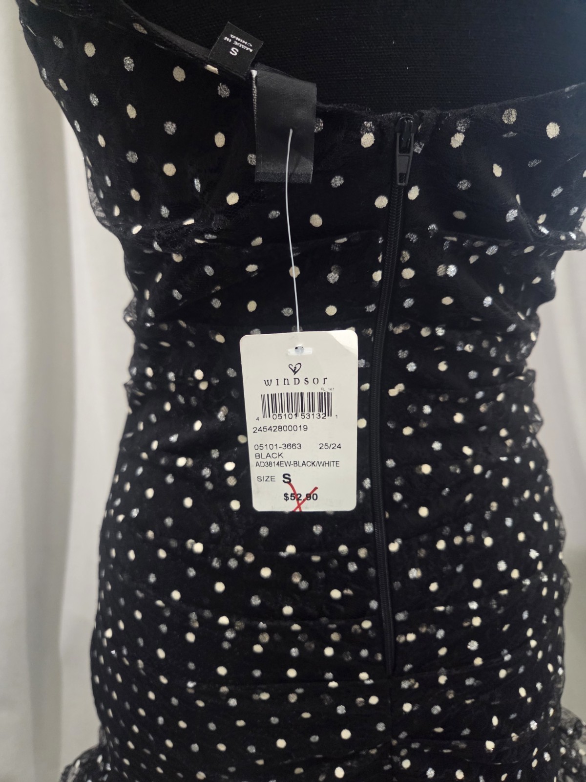 Windsor Black/White Polka Dot Mesh Ruched Bodycon V-Neck Mini Dress S