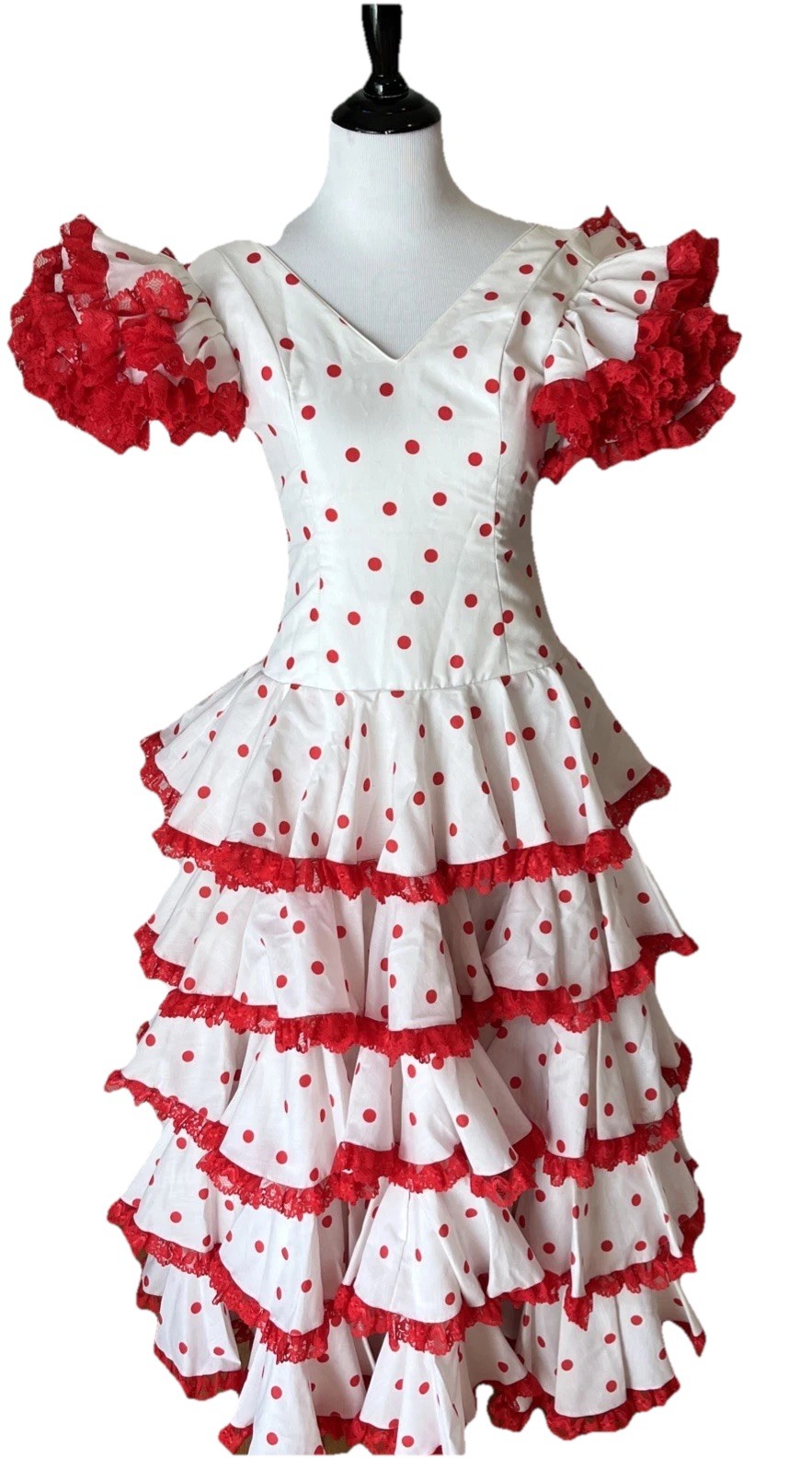 Mari Cruz Flamenco Dress Size XS Polka Dot Spain White Red 🍒🍒 Authentic