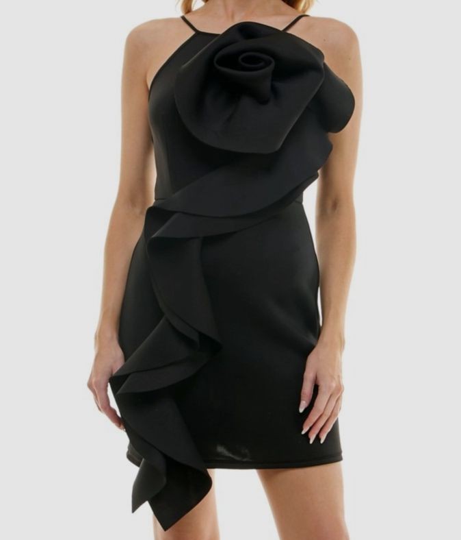 Violet Weekend Women’s Juniors’ Black Rosette Ruffled Bodycon Dress Size 3/4