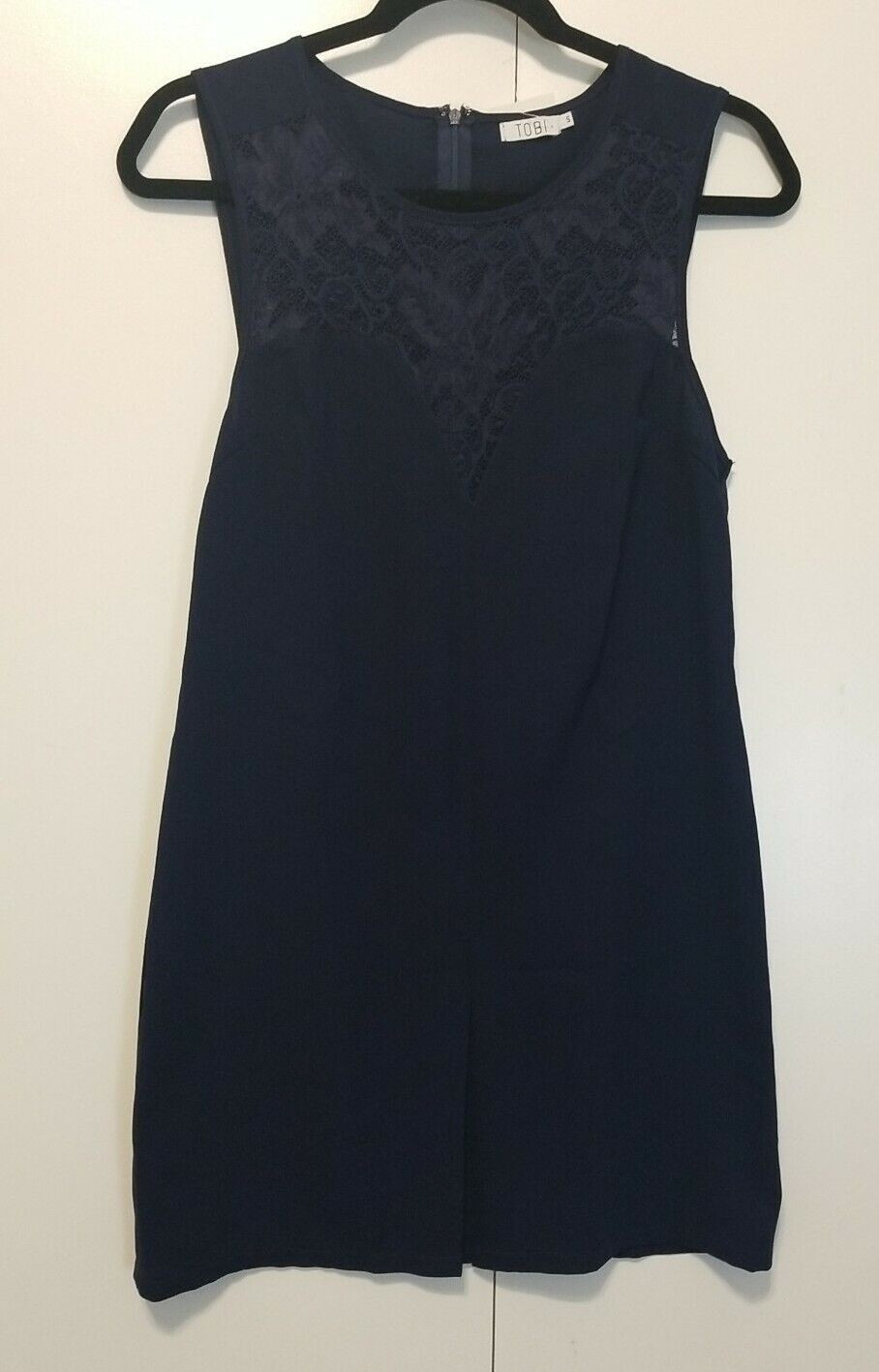 TOBI Shift Dress Sz Small Blue Sleeveless Sheer Scoop Neck Zip Up Front Pleat