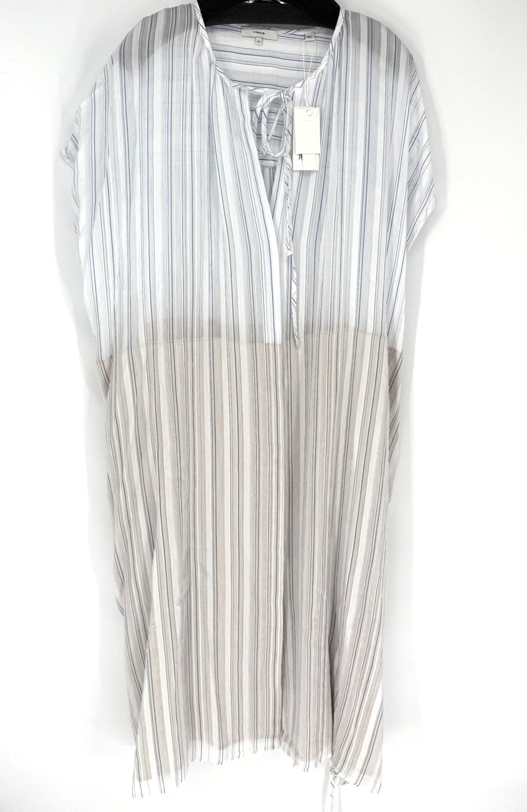 Vince Dress Womens 3X White Blue Striped Midi Belted Lined Tie Waist V-Neck