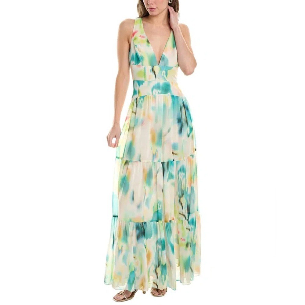 Liv Foster Watercolor Printed Chiffon Maxi Dress 2 Wedding Guest Party NWT $395