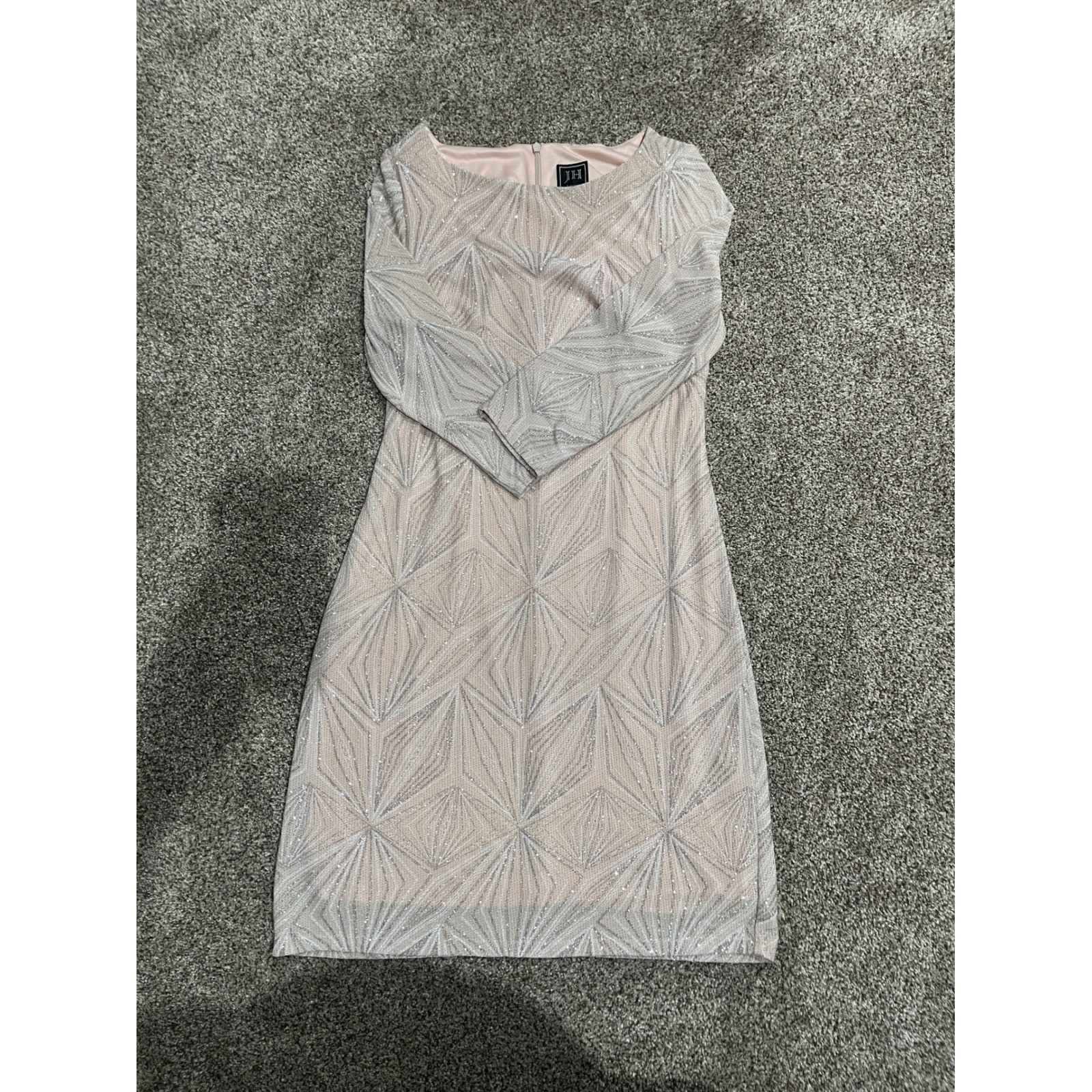 JH Evenings Pink Silver Metallic Geometric Sheath Dress 3/4 Sleeve Size 8