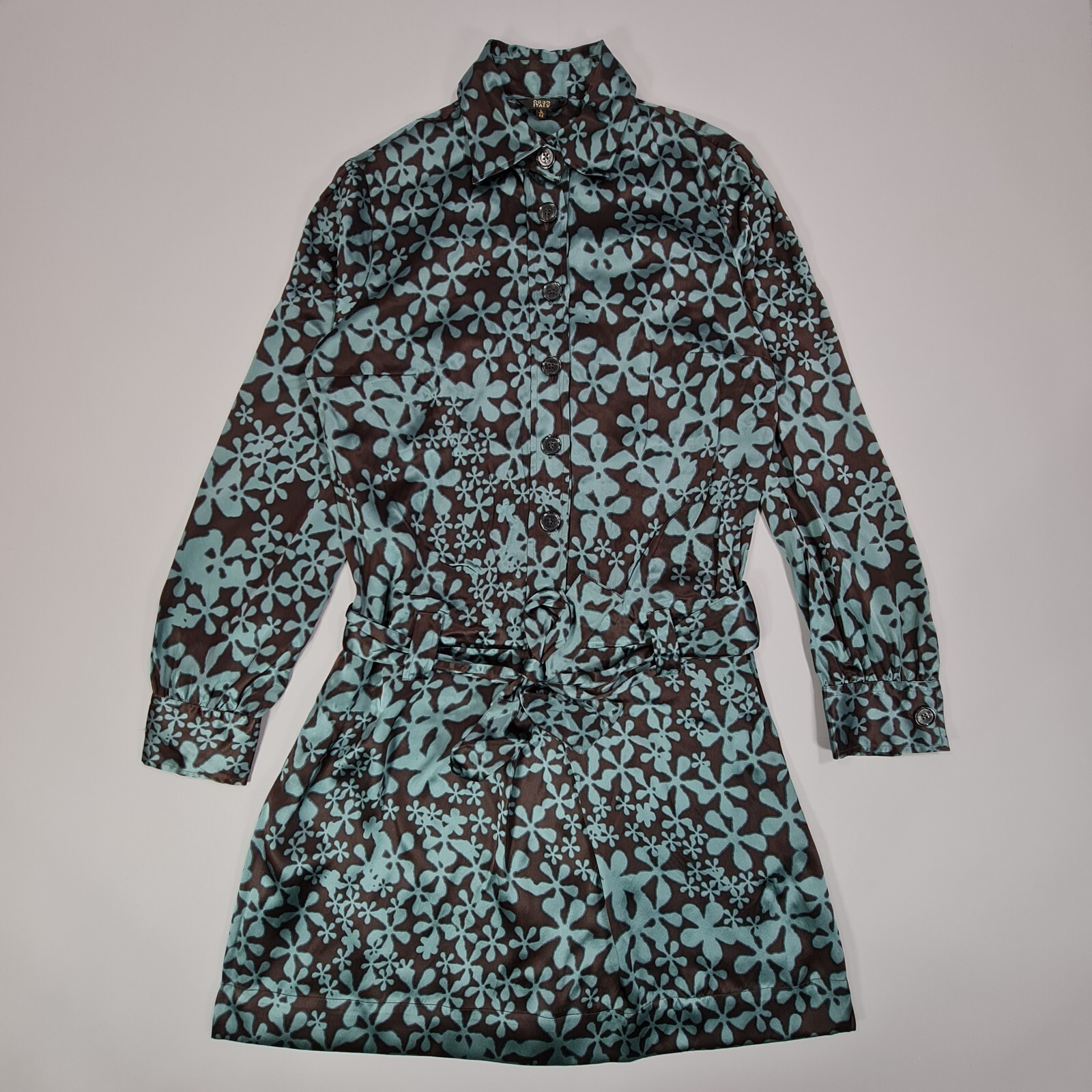 0039 Italy Womens Shirt Dress Blue Large Floral Satin Silk Knee Length
