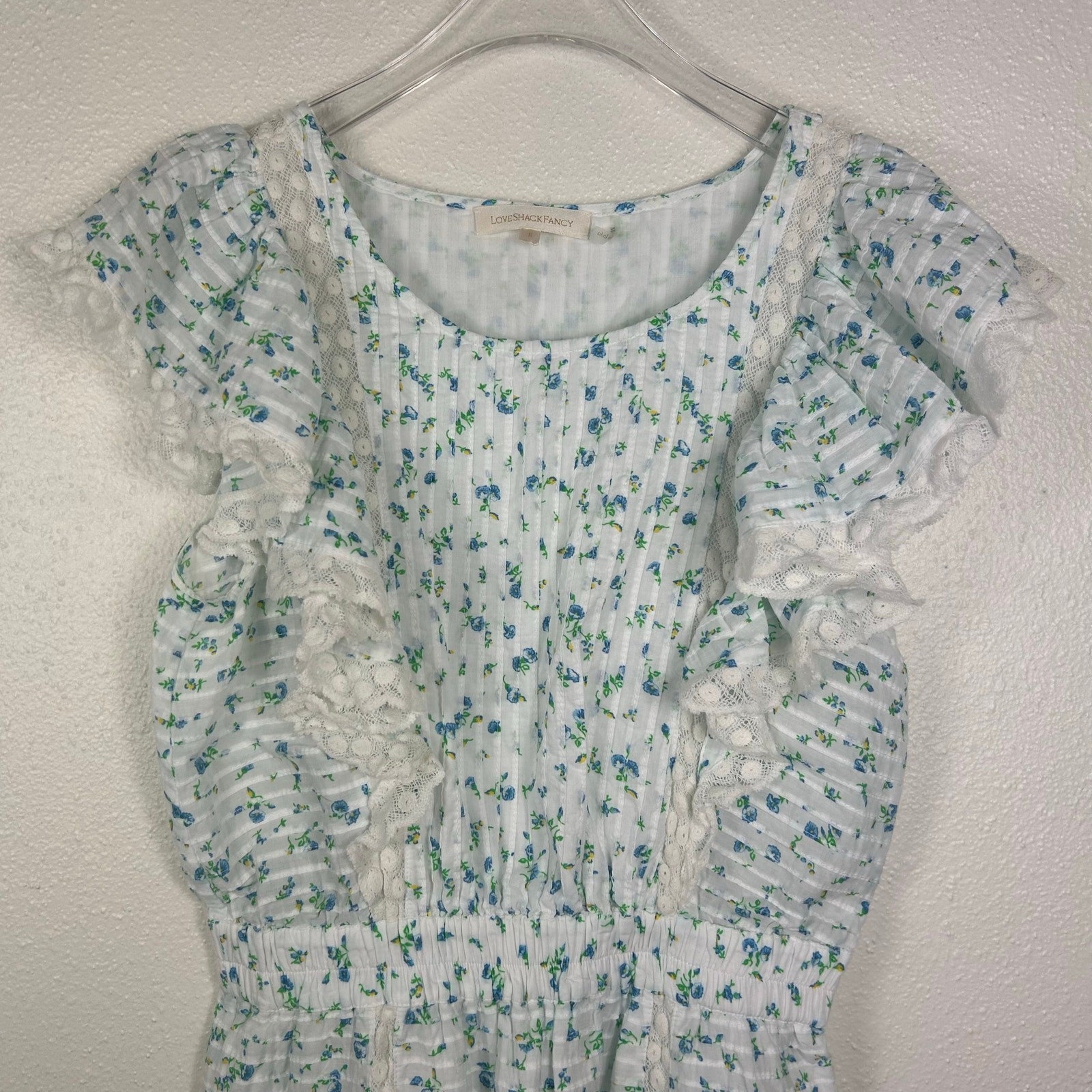 LoveShackFancy Roberta Floral Ruffle Mini Dress Bonnet Blue Small Coquette