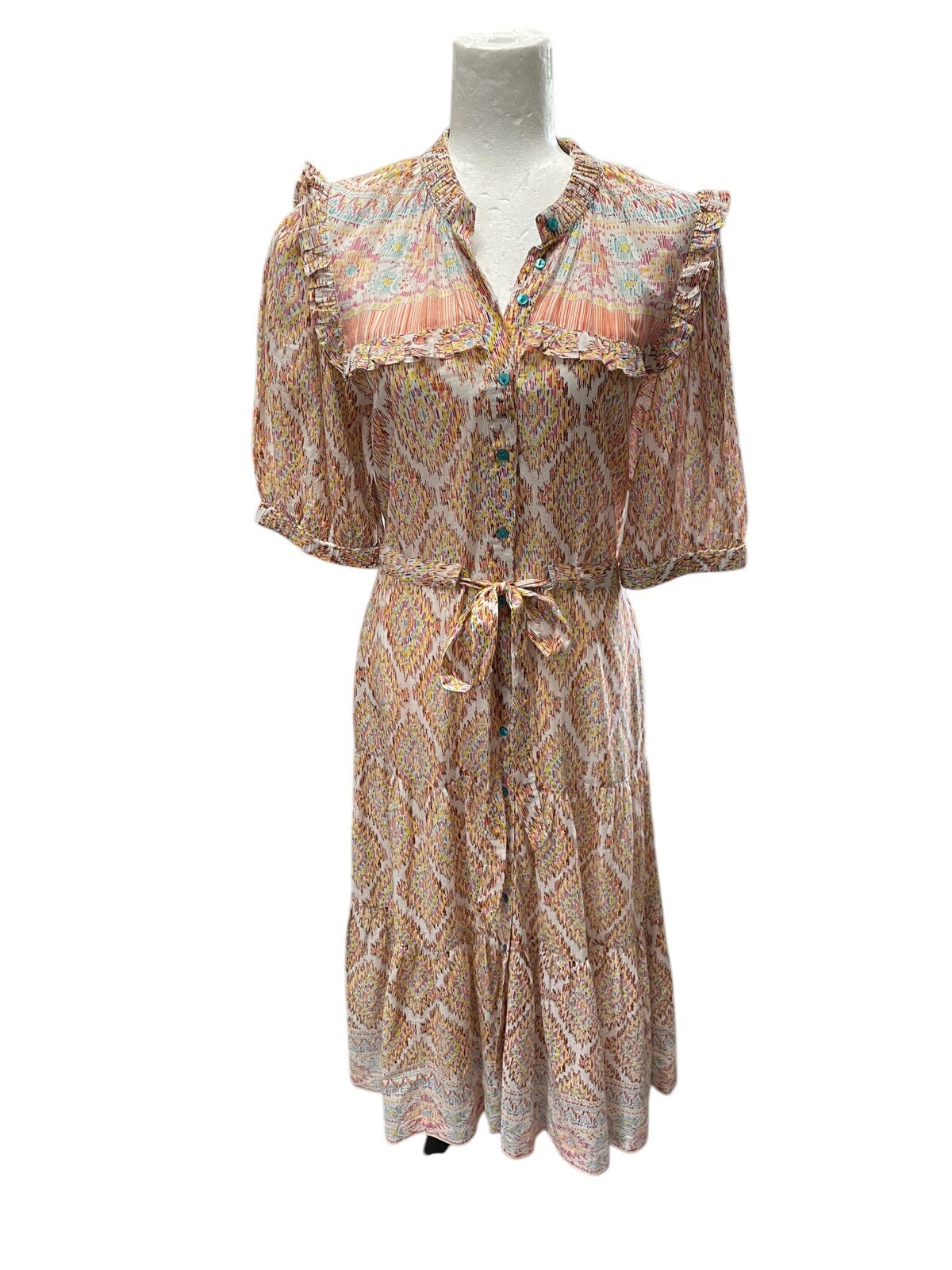 Lola Australia Pacific Puff Sleeve Cotton Midi Dress Tie Waist Easter Small