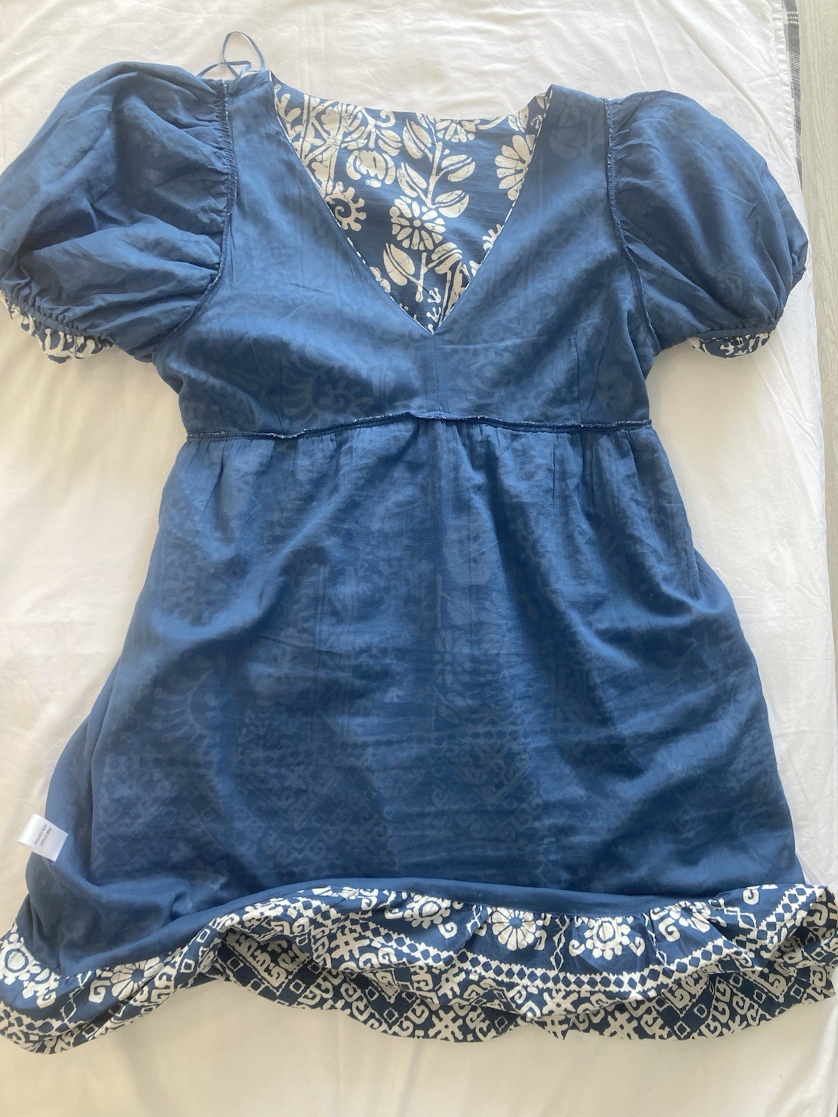 NWOT Caroline Constas Blue White Babydoll Puff Sleeve V-Neck Cotton Dress Sz L
