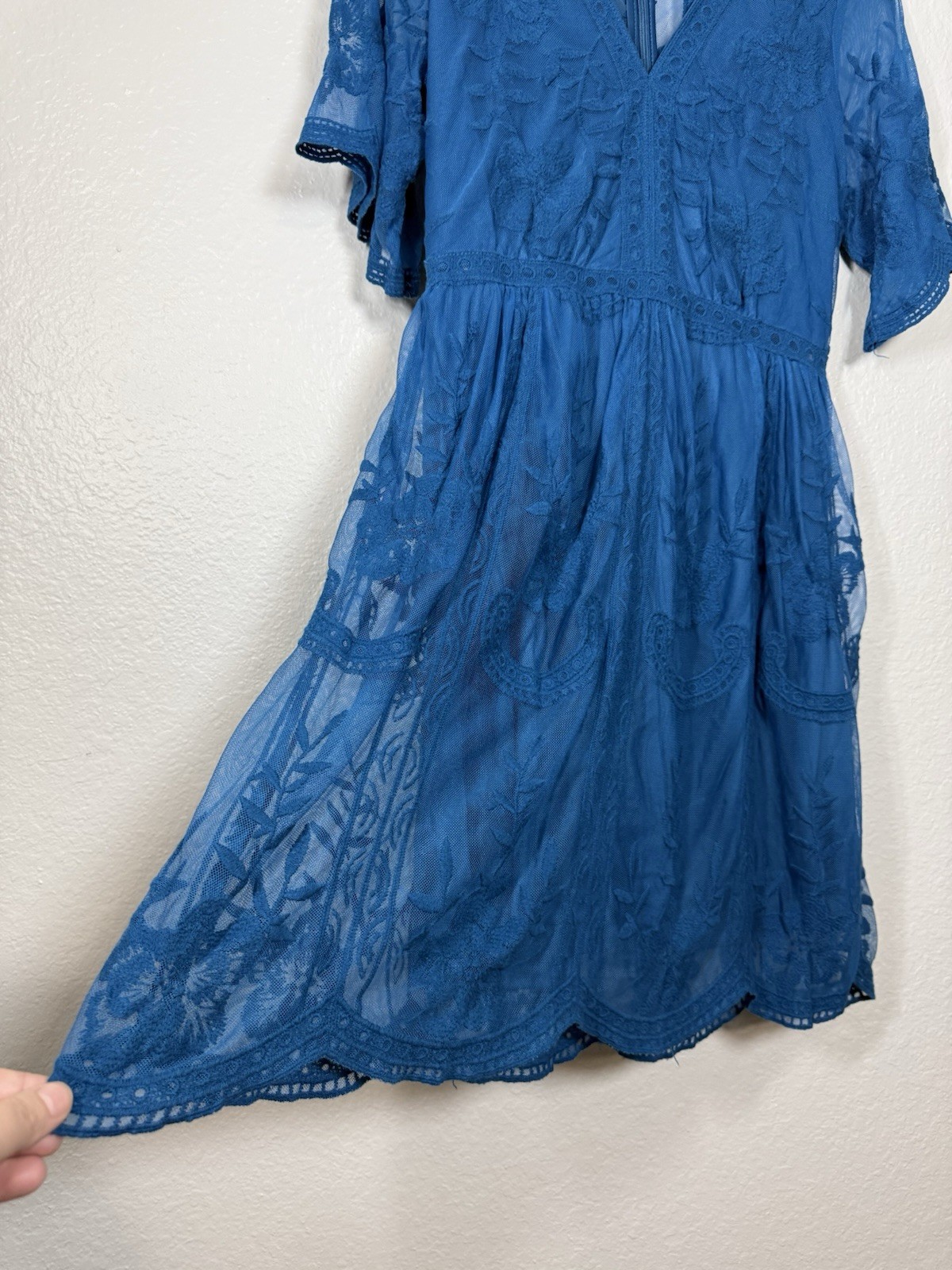 Altar’d State Blue Embroidered Mesh Fit & Flare Dress Knee Length V-Neck Size L