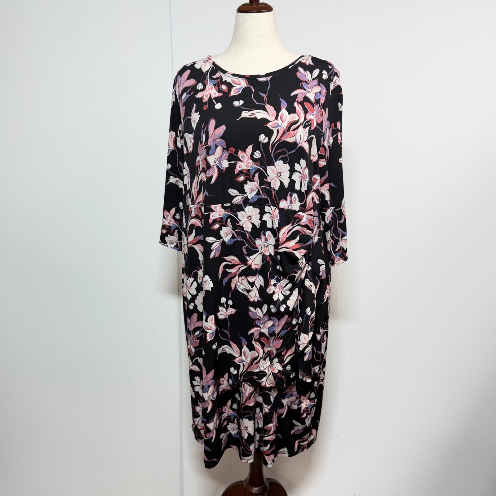 Catherines Dress 1X 18-20W Black Pink Floral Midi Side Drape Stretch Career