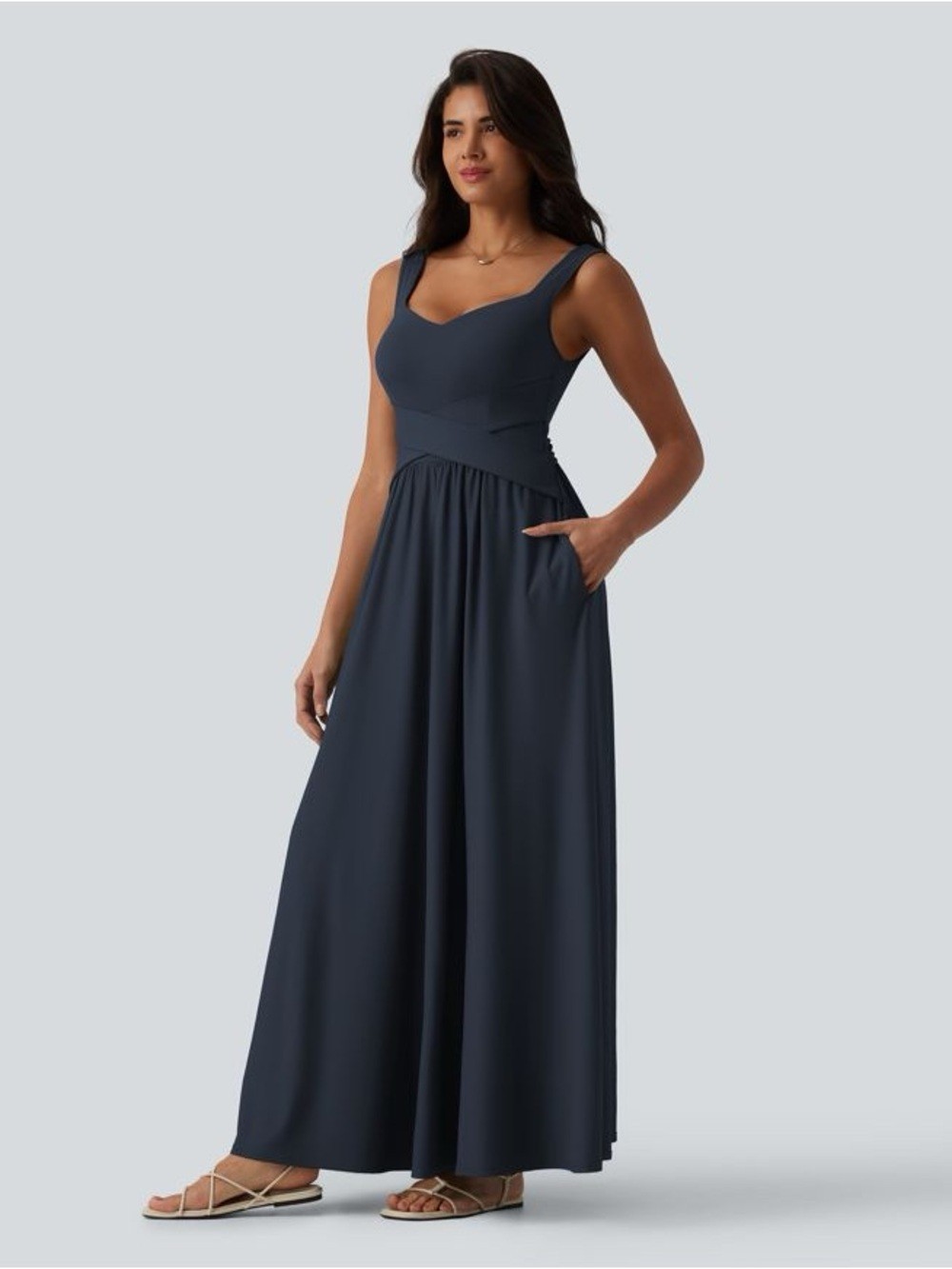 Halara Built in Bra Flowy Maxi Casual Dress w/Pockets Navy Blue Sz M NWT