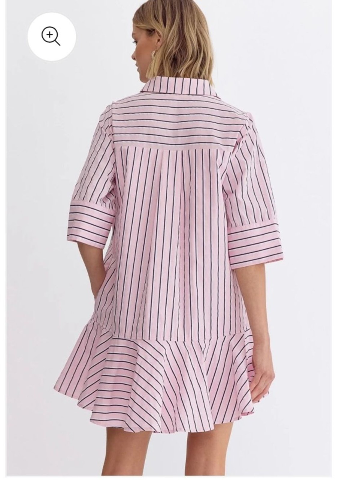 Entro Pink White and Navy Parker Striped Ruffle-Hem Mini Shirt Dress Size S