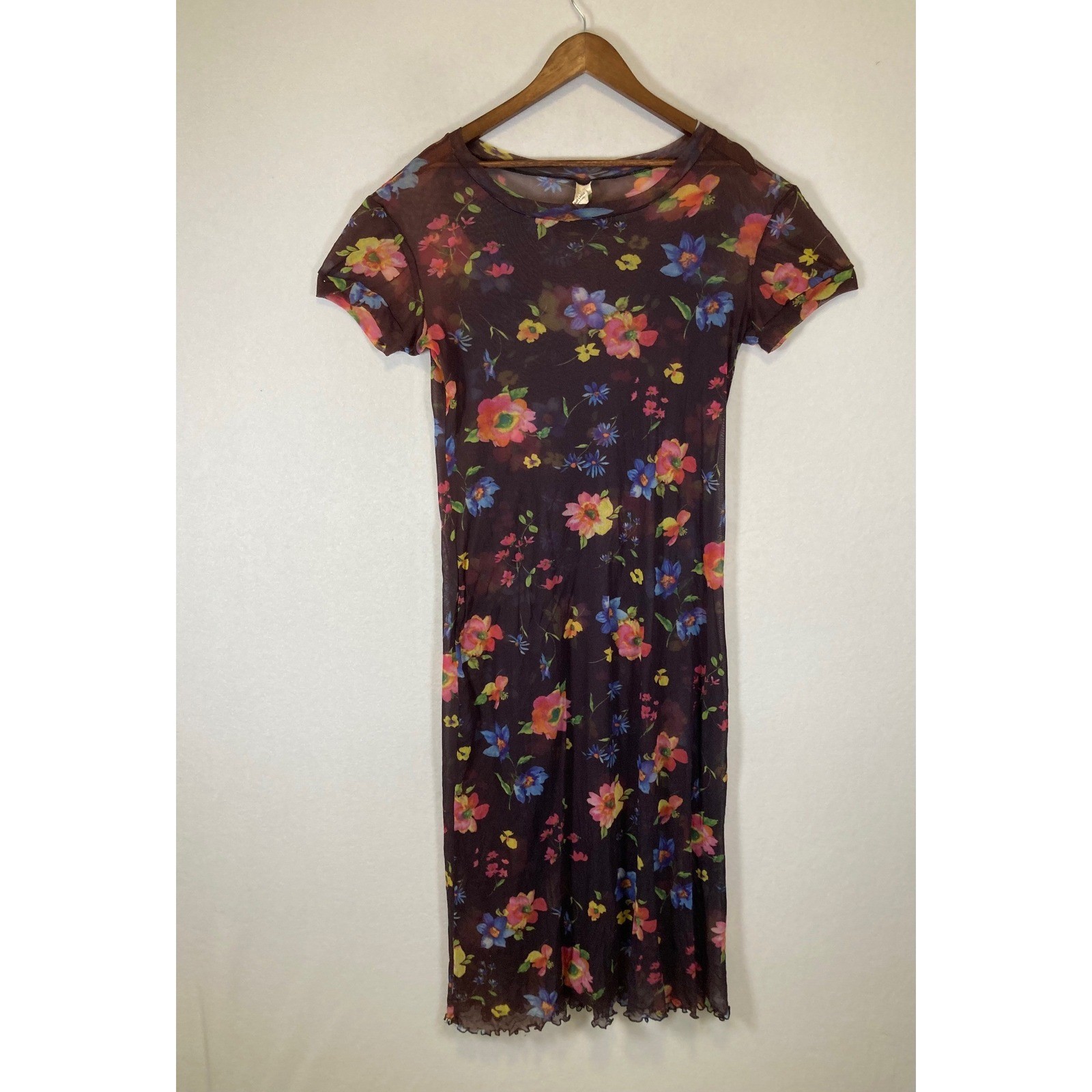 90s Y2K Aesthetic Sheer Mesh Women Large Black Floral Lettuce Edge Midi Dress
