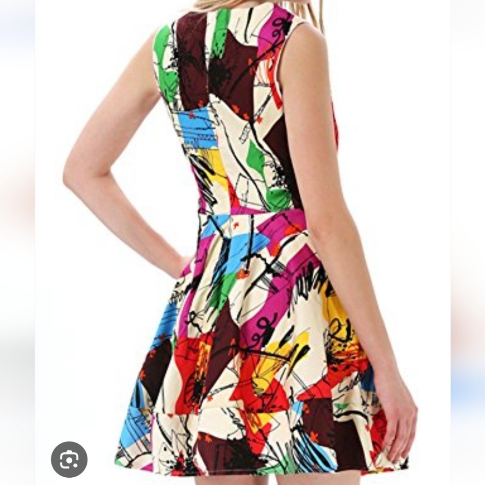 ZR&ZR Multicolor white pink red Flare Abstract Print Sleeveless Dress sz large L