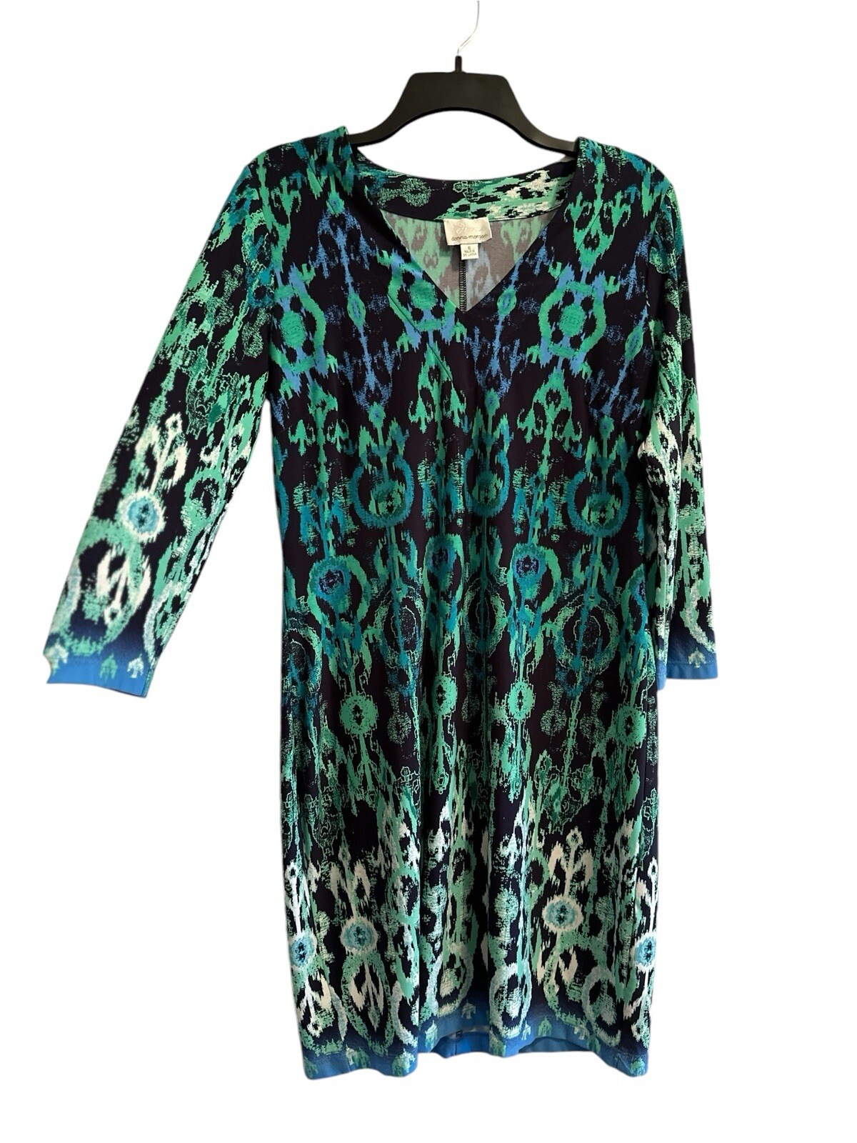 Donna Morgan Shift Pencil Dress Womens 6 Stretch Multicolor V-Neck 3/4 Sleeves