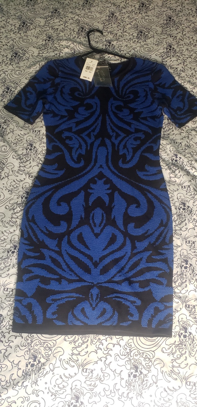 Torn By Ronny Kobo Cobalt Blue & Black Patterned Bandage Bodycon Dress size M