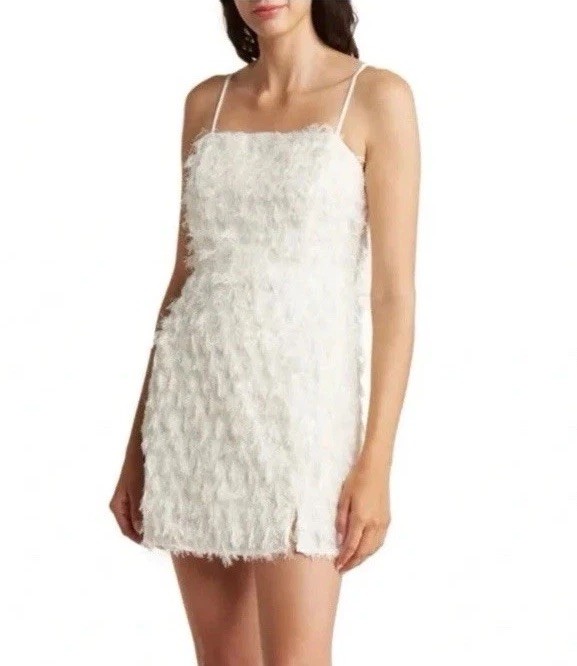 Lush NWT Mini Fringe Dress Textured White Sleeveless Lined Adjust Straps Medium