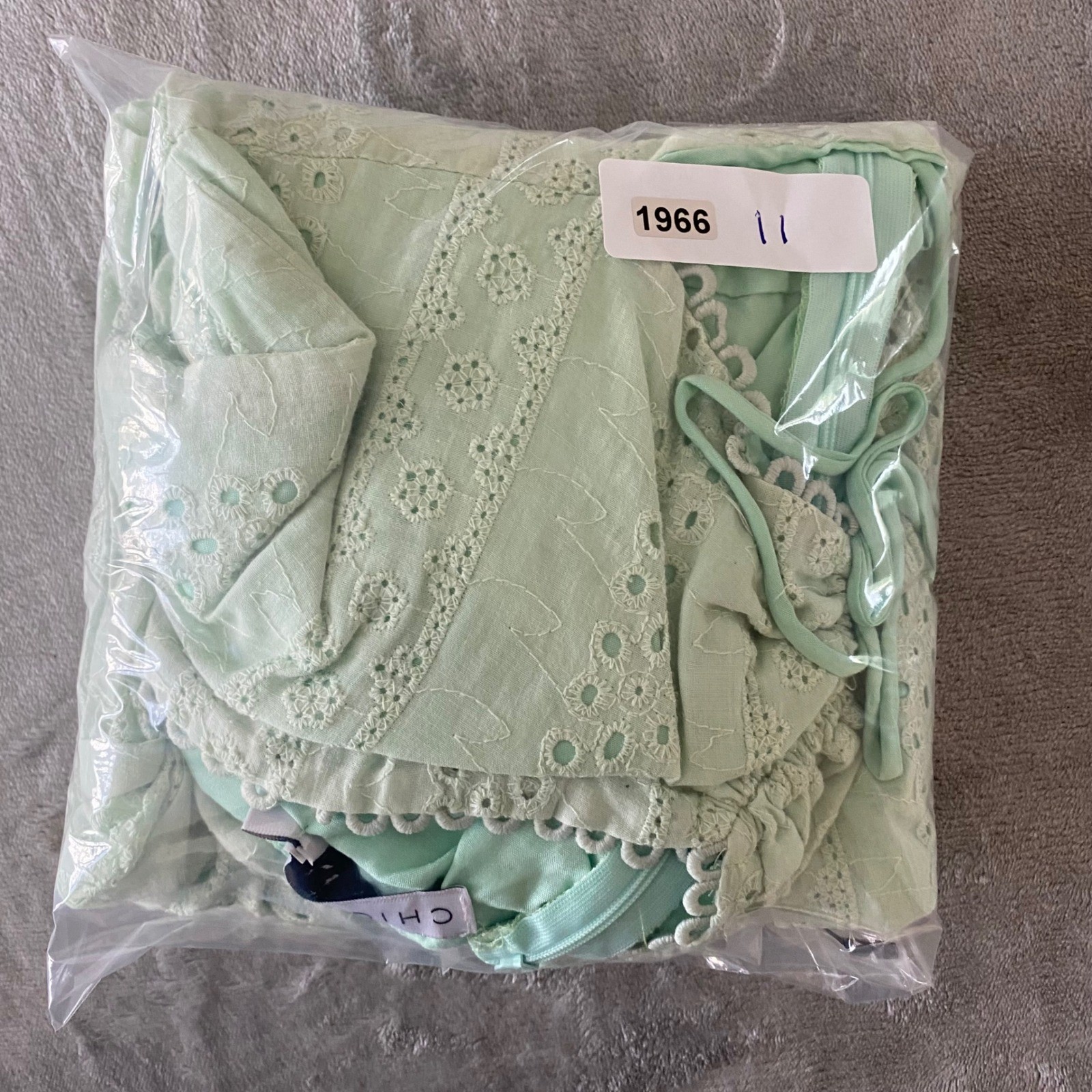 Chicways Eyelet Lace Mini Dress Womens L Mint Green Cutout Bell Sleeve NWT