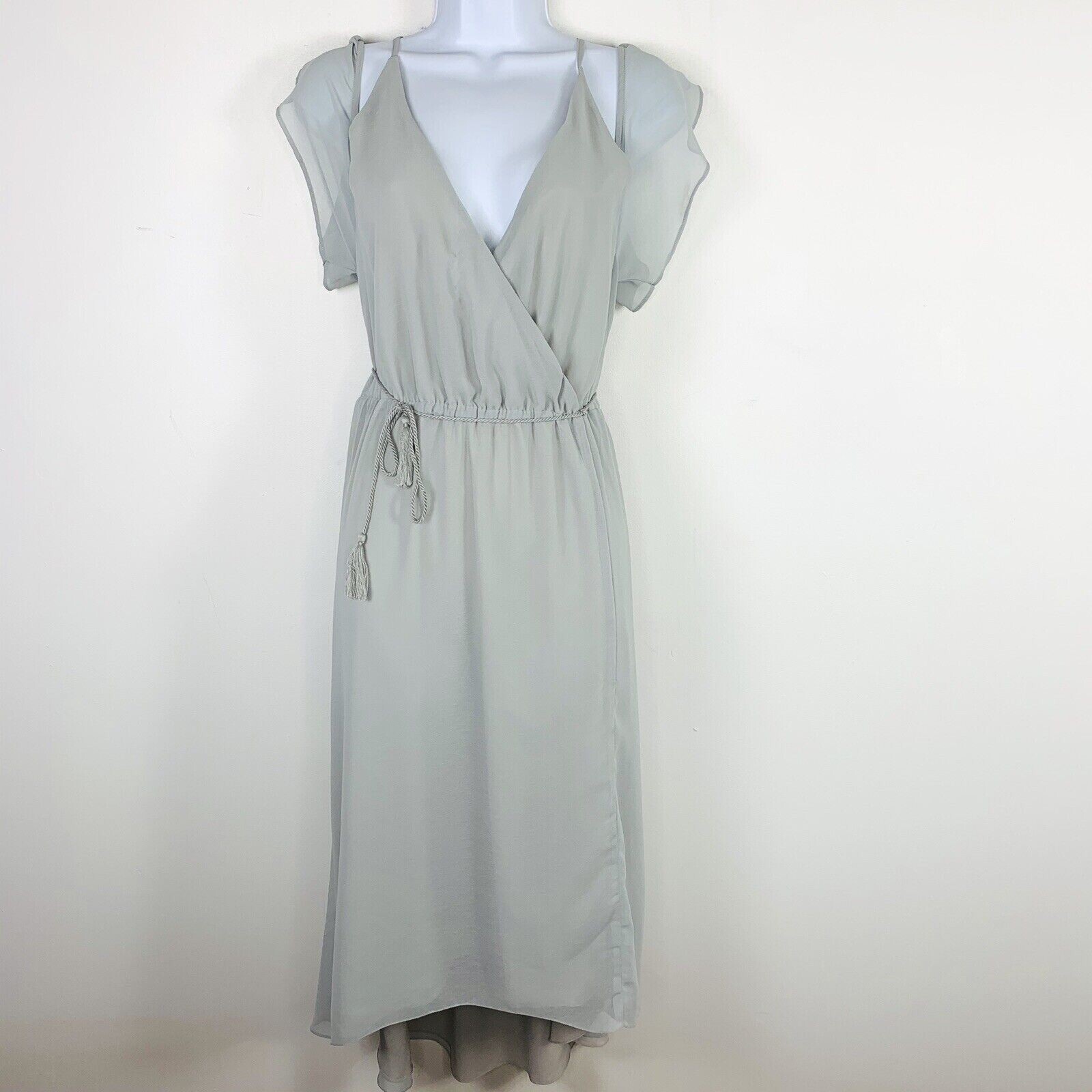 Tobi Sage Green Dress Sz L Midi Wrap Flutter Sleeve Tie Waist Flowing Fairycore