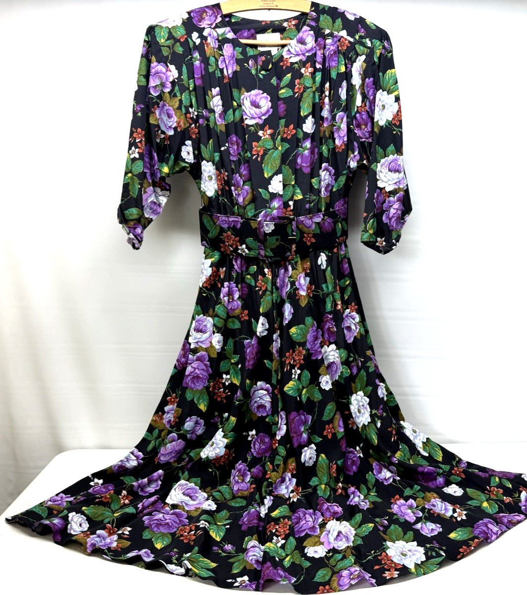 Vtg 90s Nina Piccalino Dress Black Floral Full Skirt Belted Button Round Neck 12