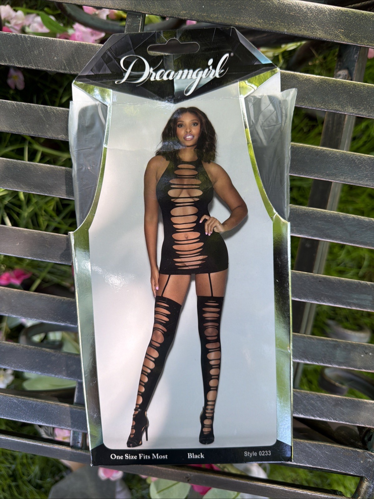 Dreamgirl Seamless opaque halter garter dress attached slash front thigh highs