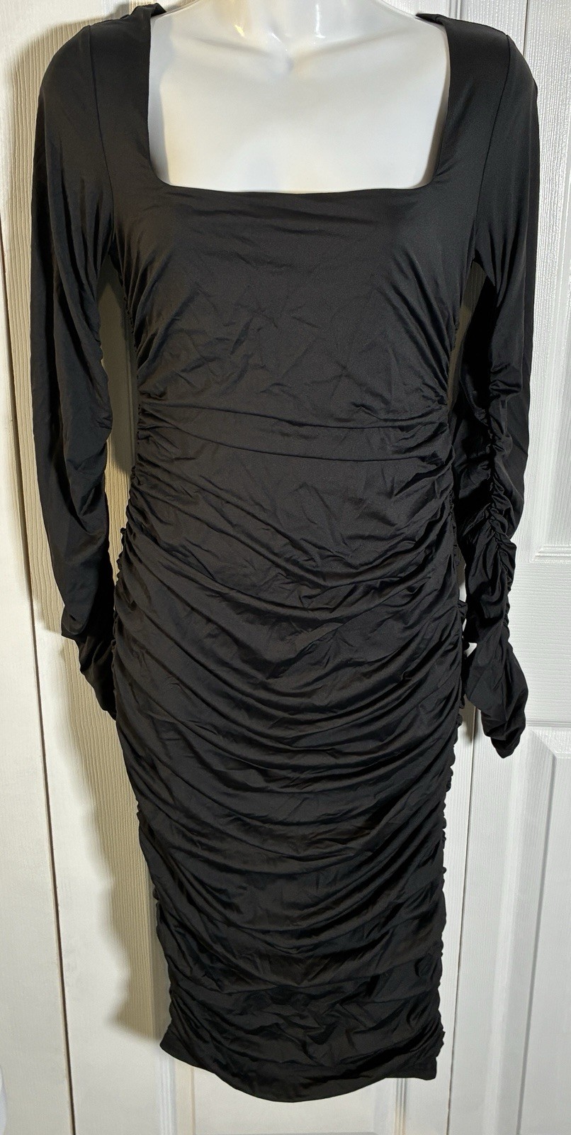 Black Ruched Long Sleeve Bodycon Midi Dress Square Neck Women’s Size M