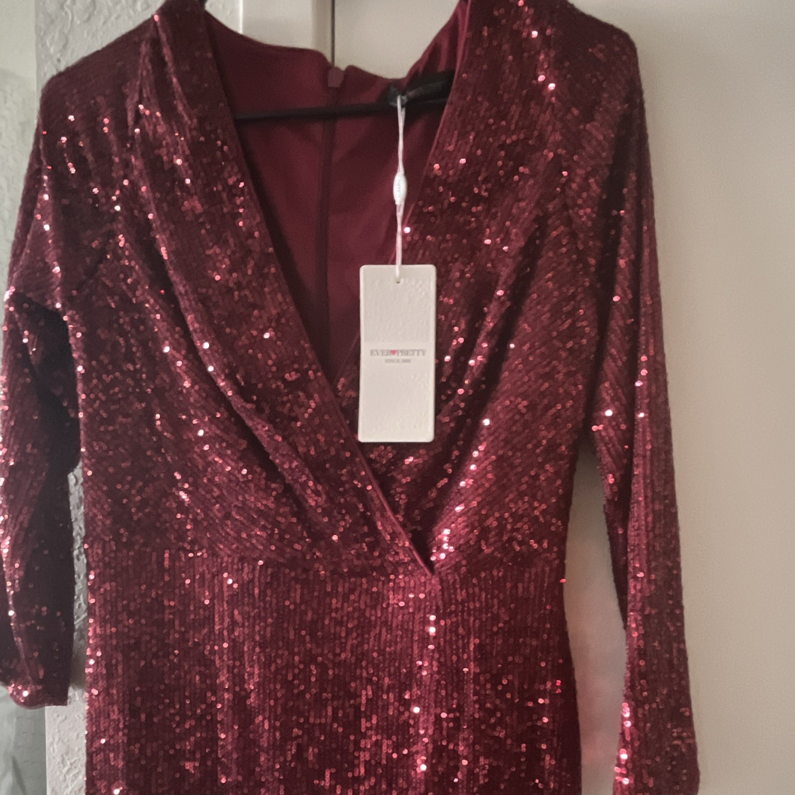 Ever-Pretty Burgundy Sequin V-Neck 3/4 Sleeve Maxi Dress Side Slit M