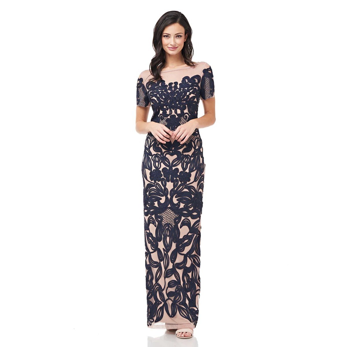 JS Collections Soutache Illusion Gown Semi Sheer Formal Evening Maxi Size 14