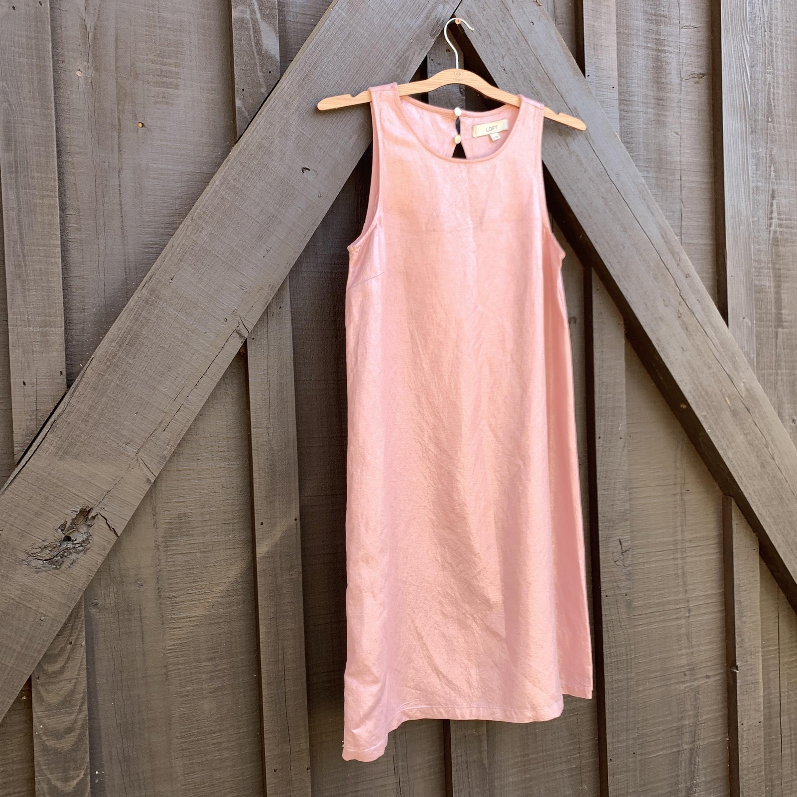 LOFT Dress Womens 2 Pink Linen Blend Sleeveless Shift Midi Keyhole Button Back